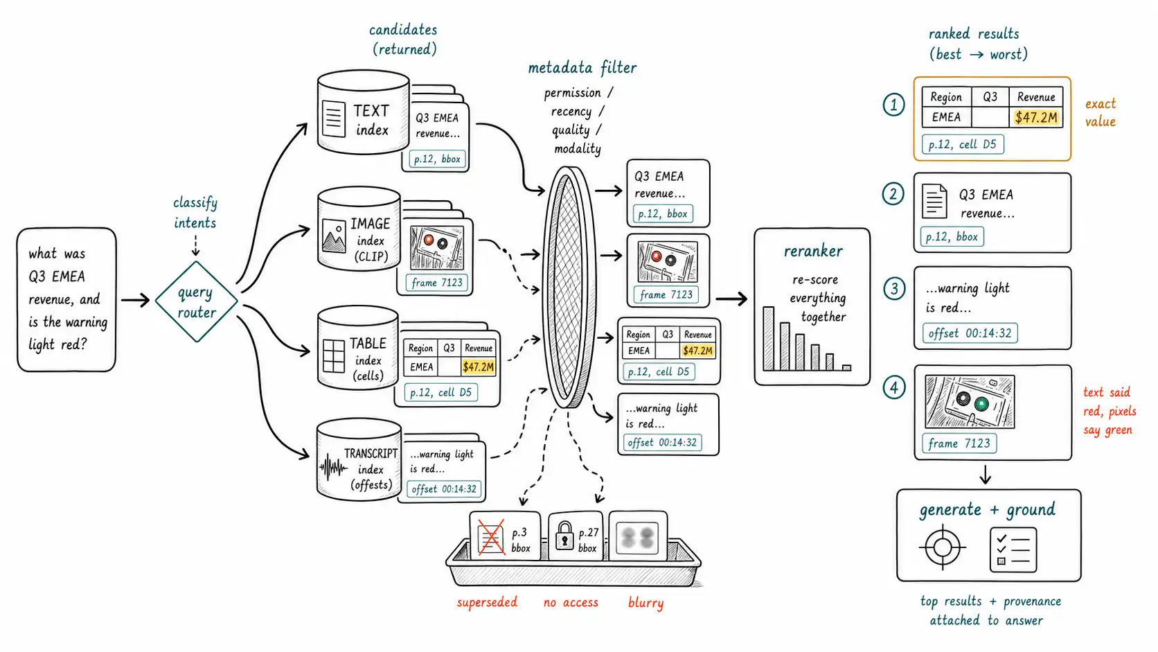 Whiteboard-style technical sketch infographic for Multimodal RAG and Cross-Modal Search.