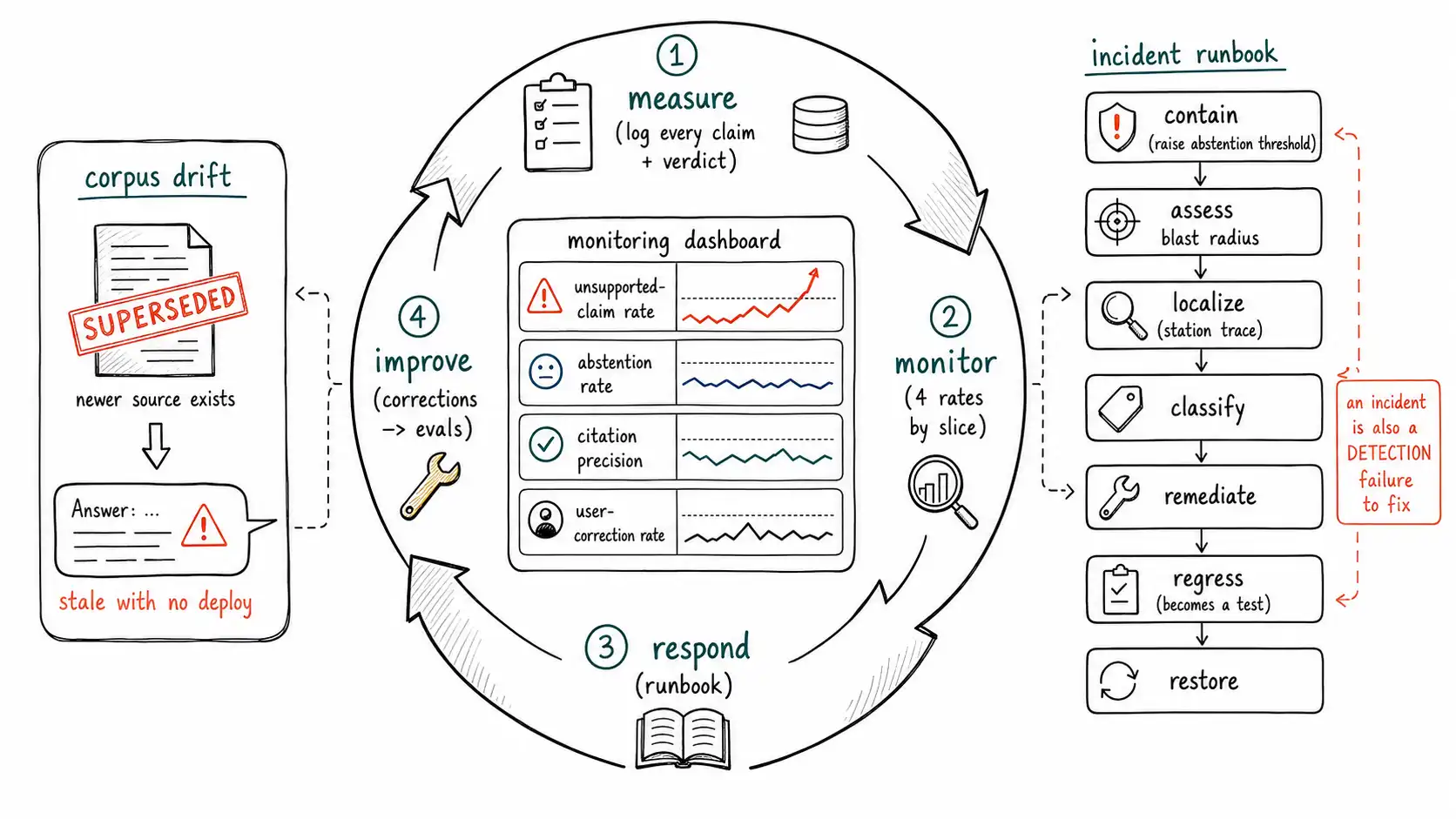 Whiteboard-style technical sketch infographic for Operating Against Hallucination in Production.