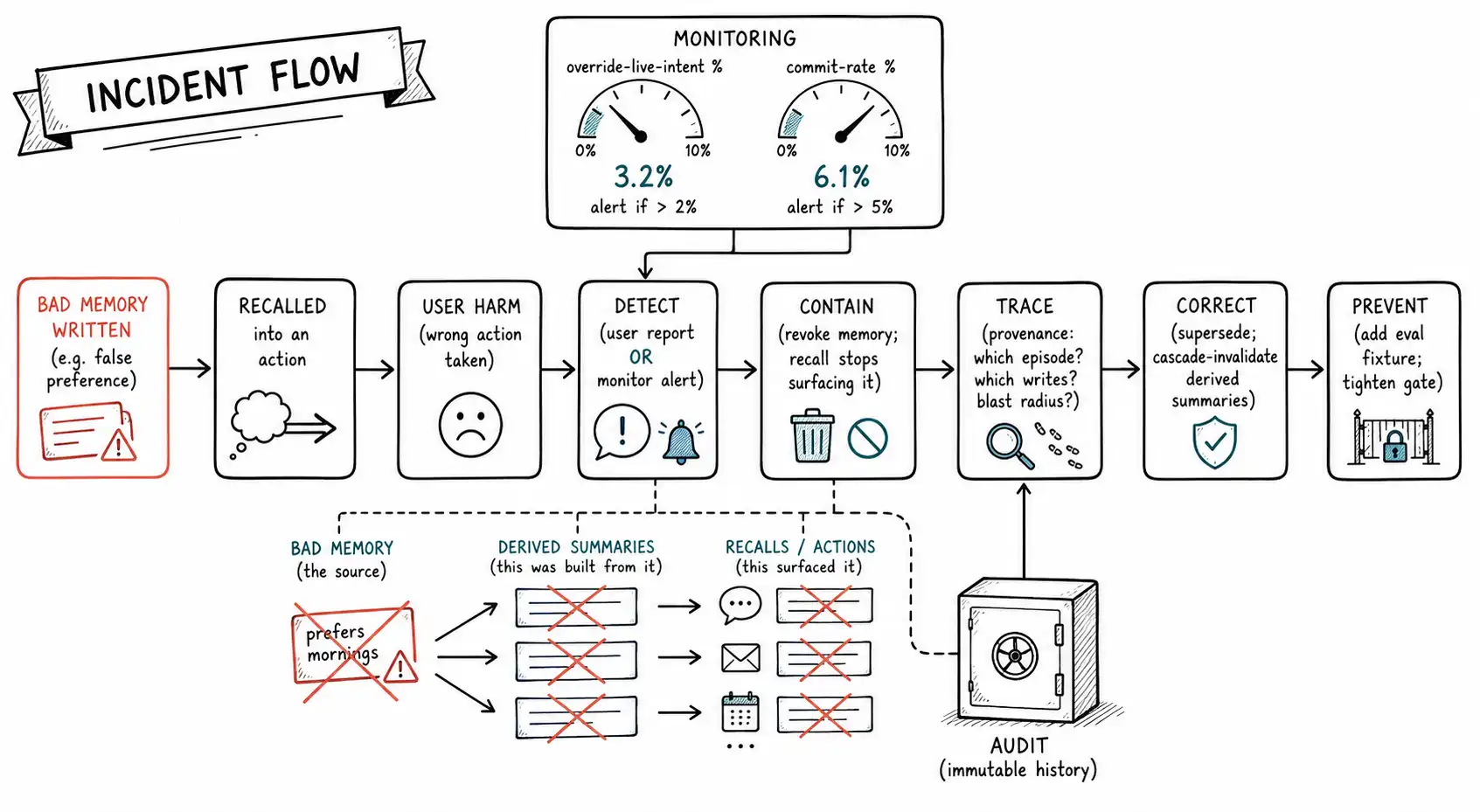 Whiteboard-style technical sketch infographic for Operating Memory in Production.