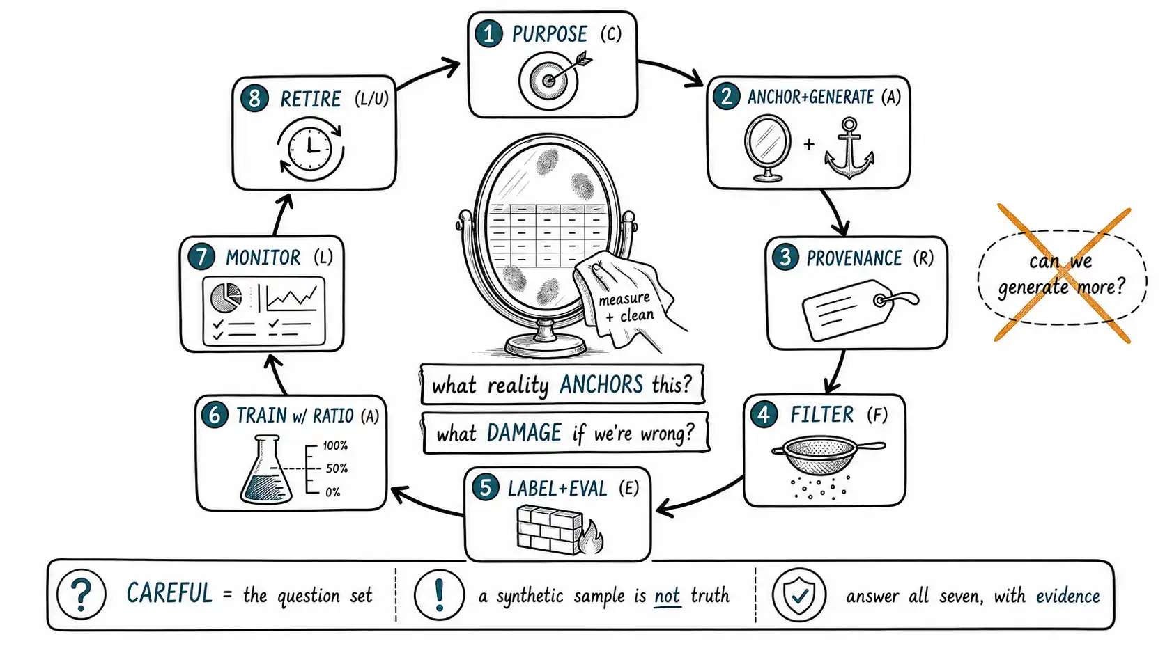 Whiteboard-style technical sketch infographic for Operating Synthetic Data with CAREFUL.