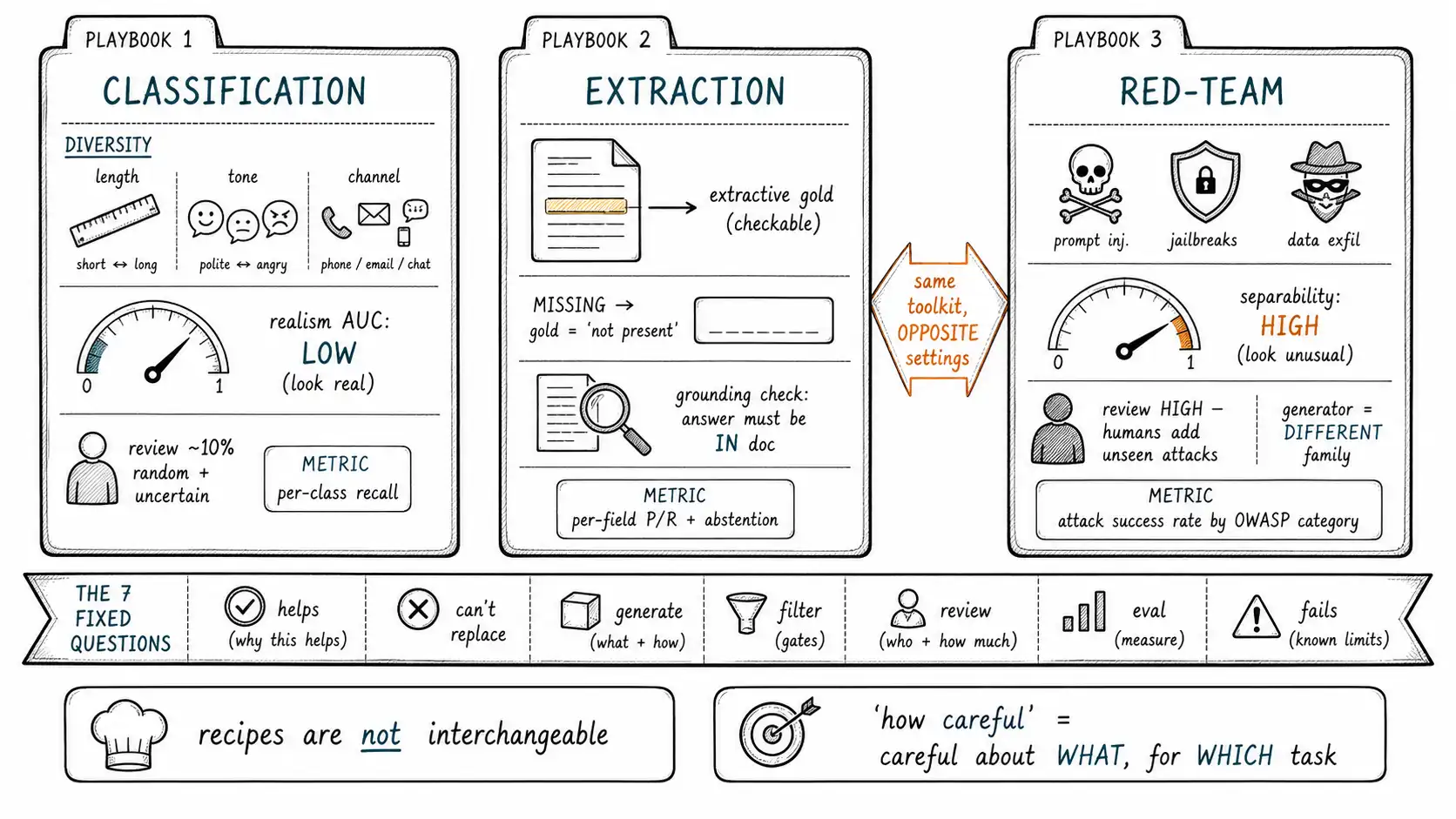 Whiteboard-style technical sketch infographic for Playbooks I: Classification, Extraction, and Safety Red-Teaming.