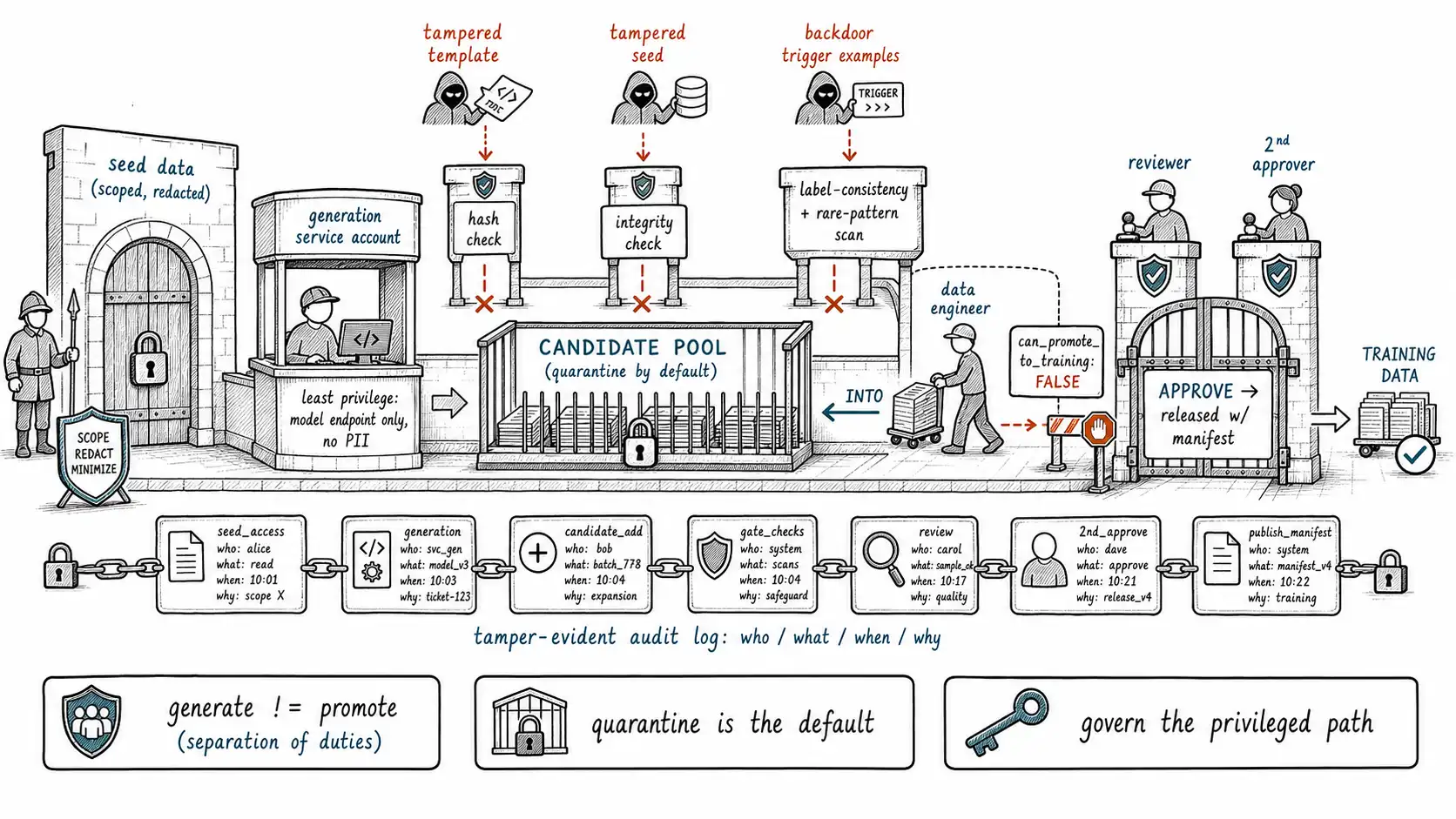 Whiteboard-style technical sketch infographic for Poisoning, Approvals, and the Governance of Generation.