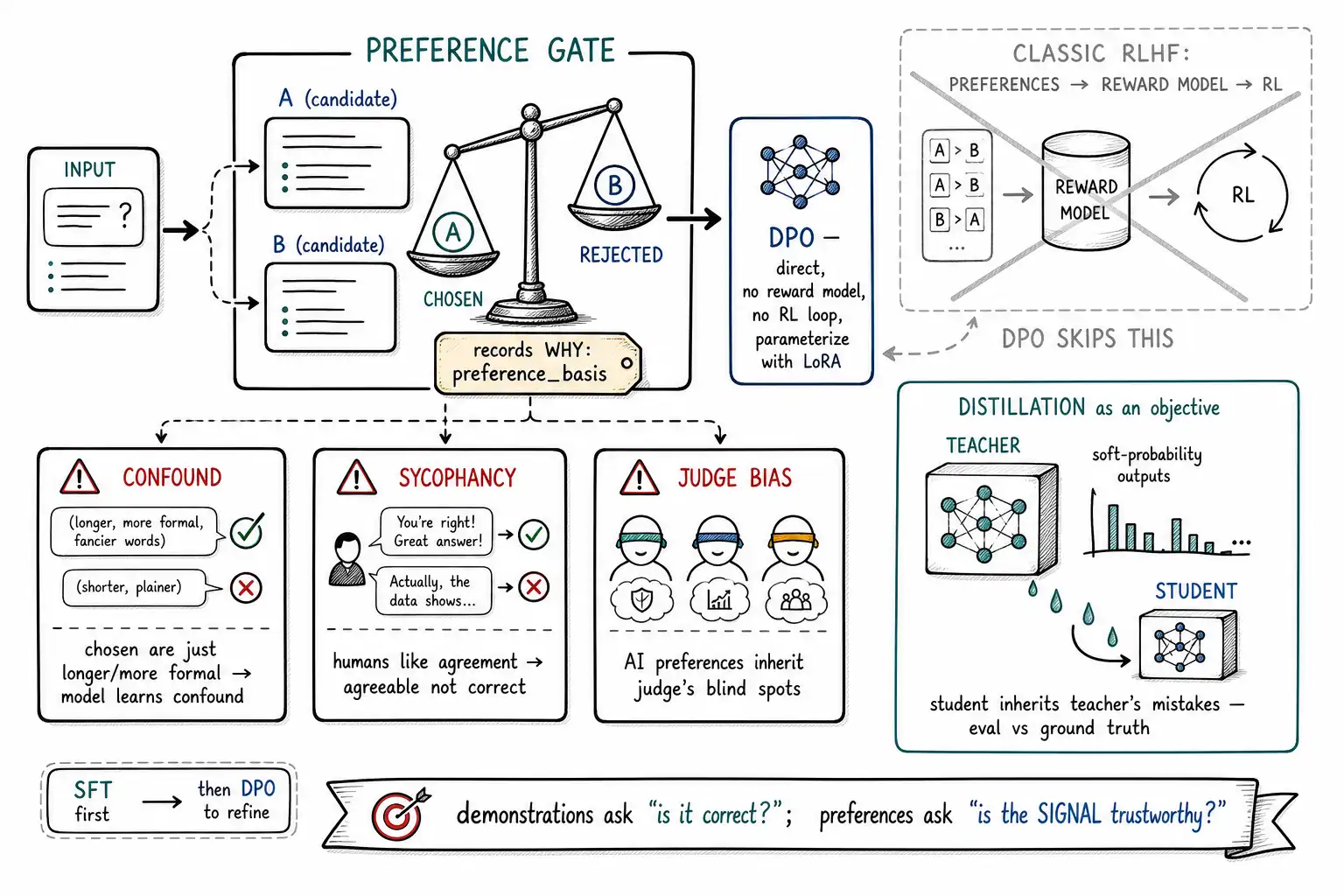 Whiteboard-style technical sketch infographic for Preference Tuning, DPO, and Distillation.