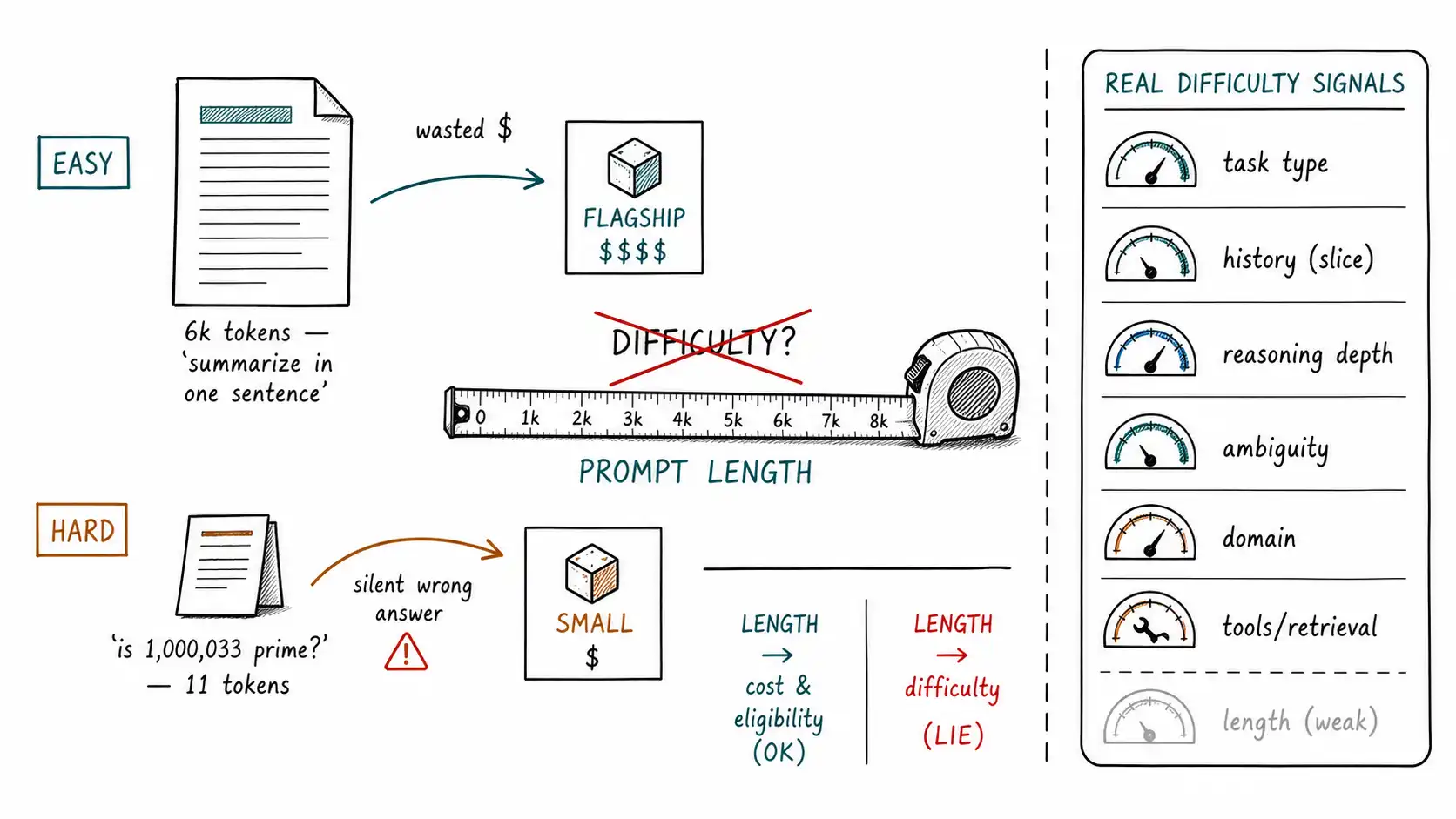 Whiteboard-style technical sketch infographic for Prompt Length Is a Liar.