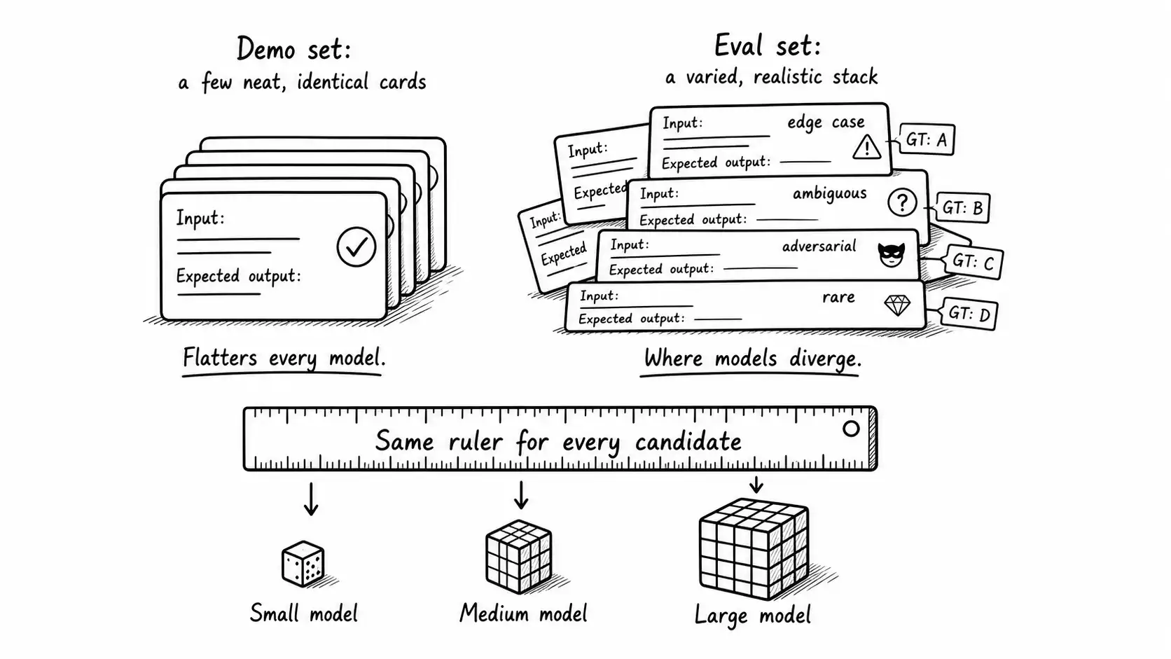 A neat demo set versus a varied eval set, both measured by one ruler against candidate models