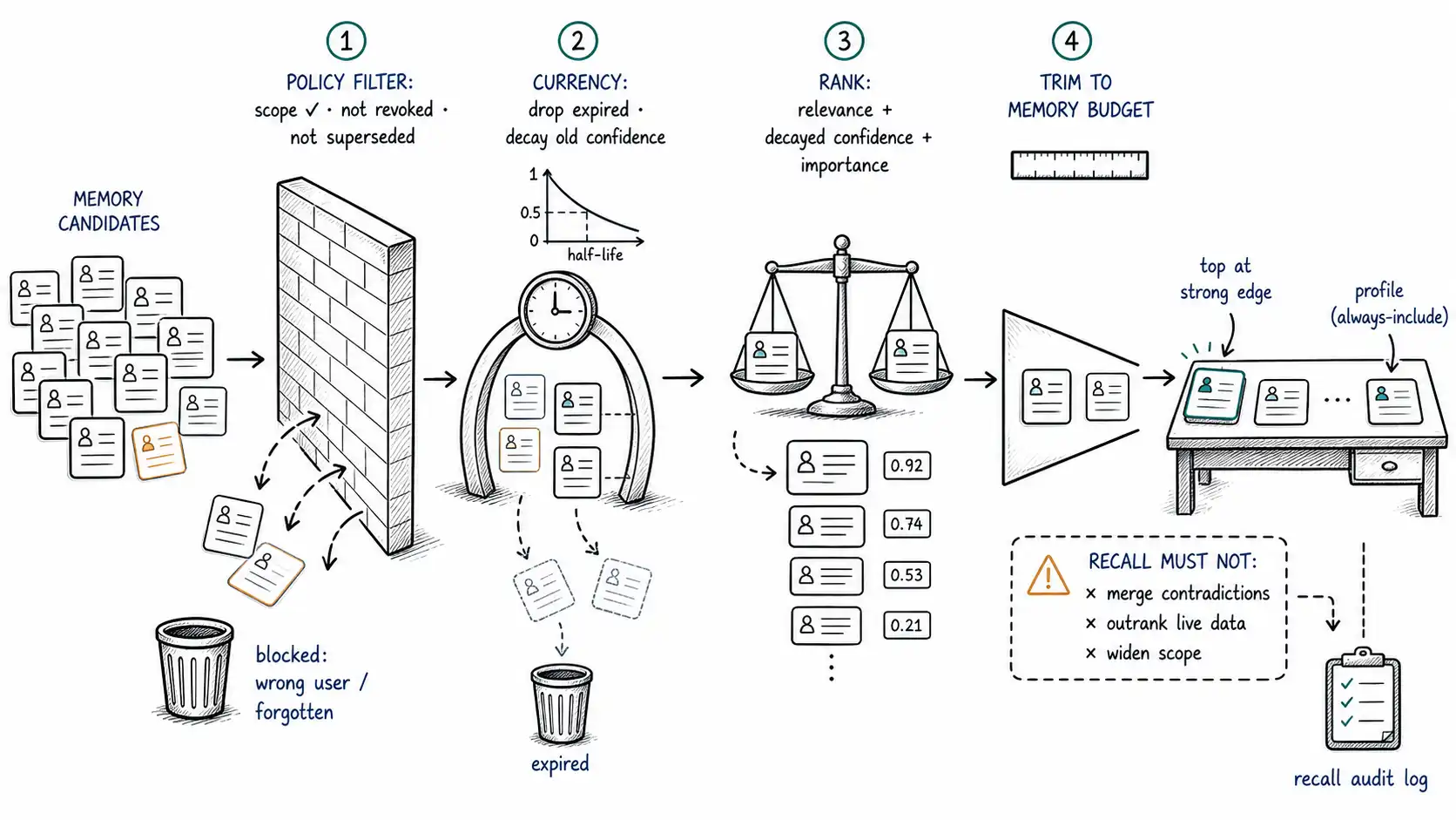 Whiteboard-style technical sketch infographic for Reading Memory: Recency, Relevance, and Policy.