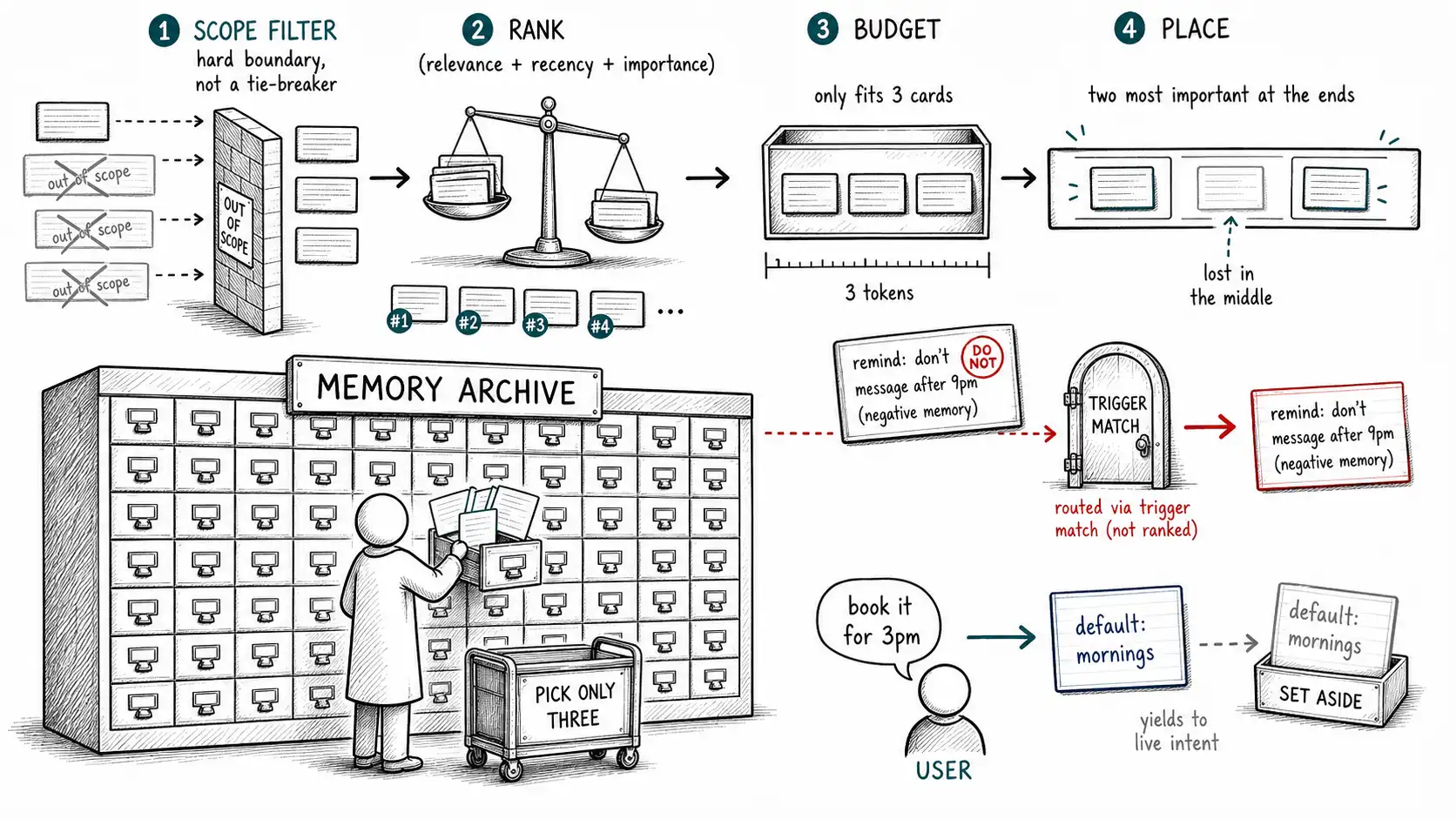 Whiteboard-style technical sketch infographic for Recall Is Not Retrieval.
