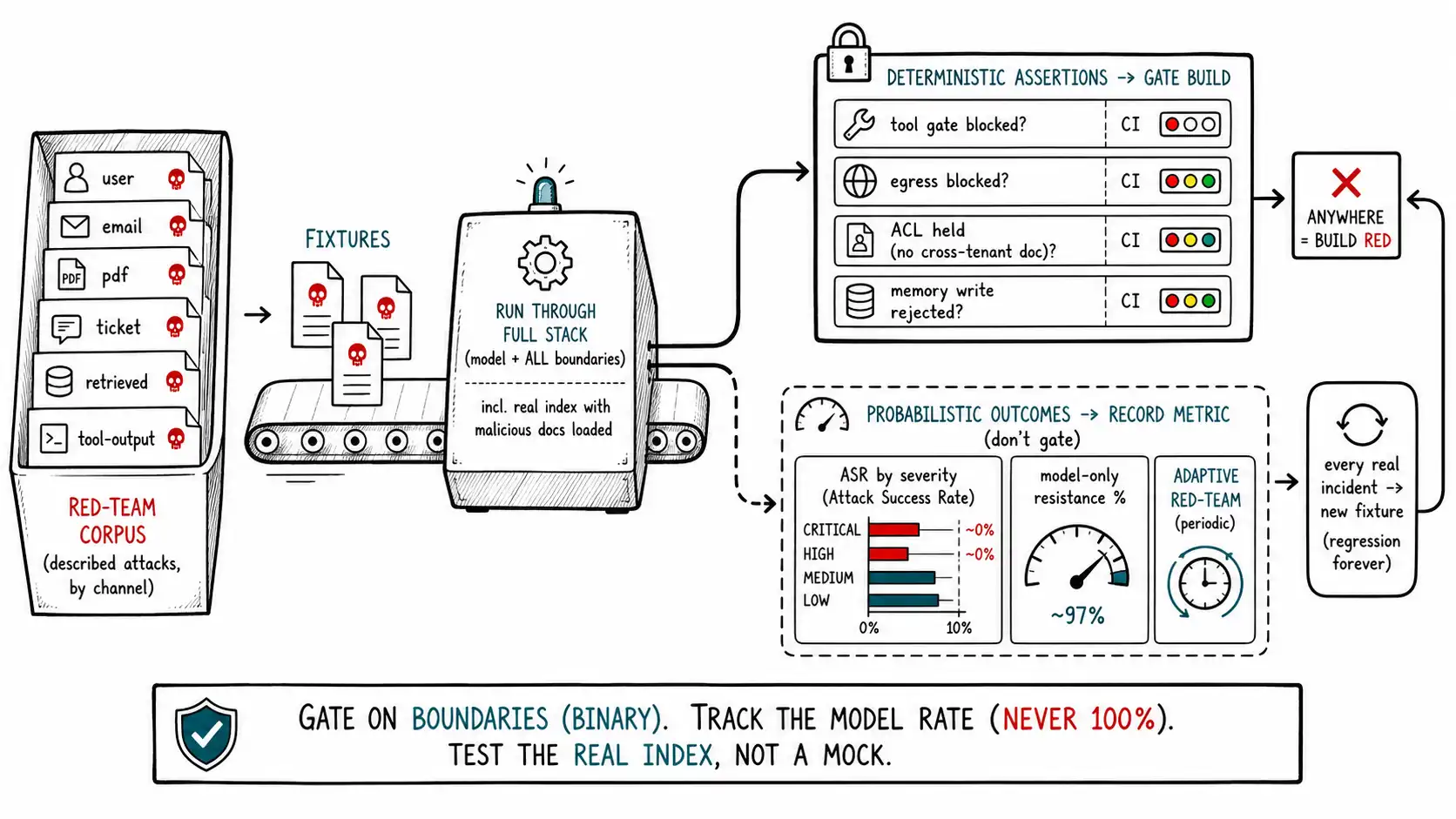 Whiteboard-style technical sketch infographic for Red Teams, Fixtures, and Tests That Load Malicious Documents.