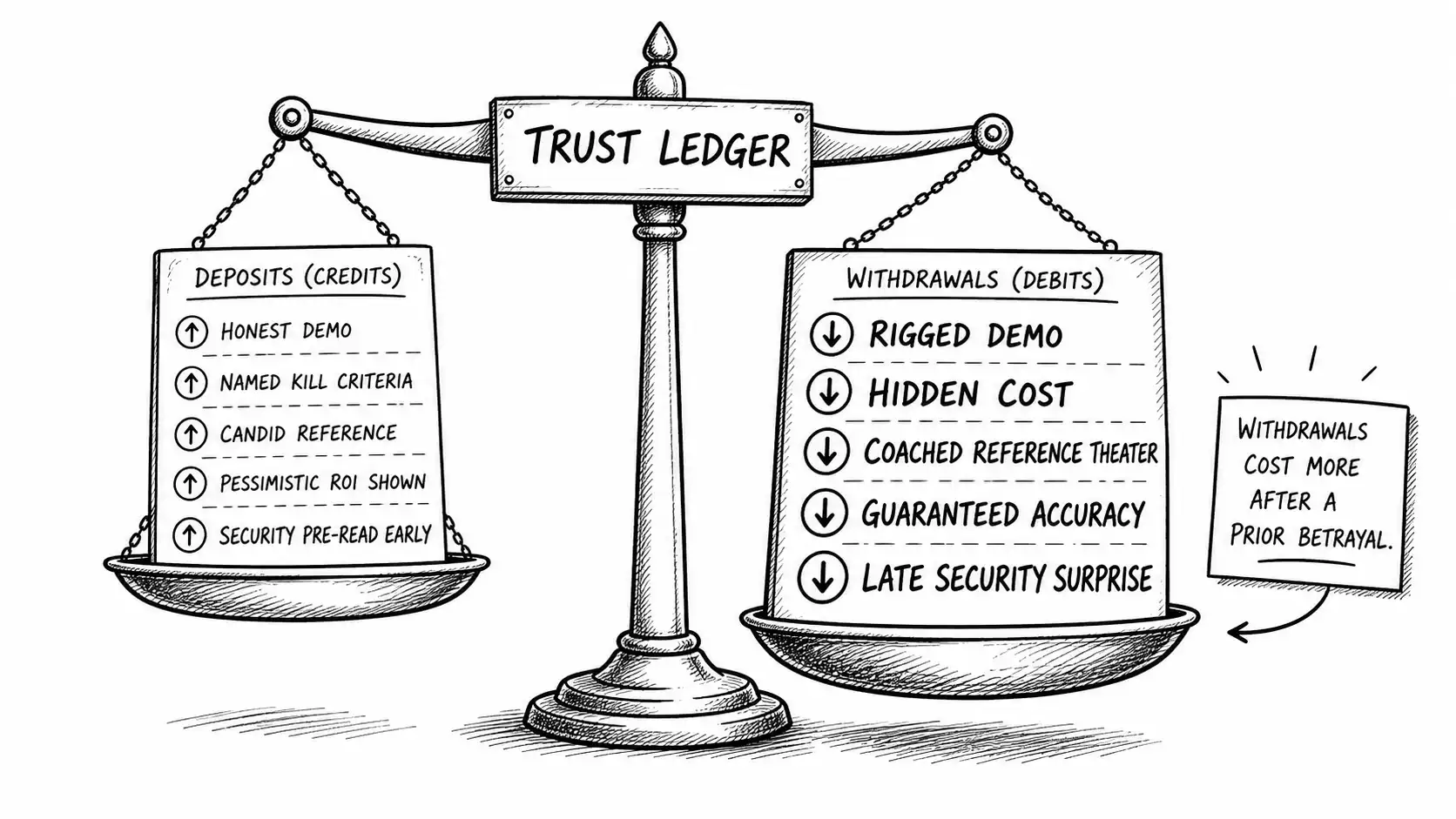 The trust ledger weighing honest deposits against theatrical withdrawals