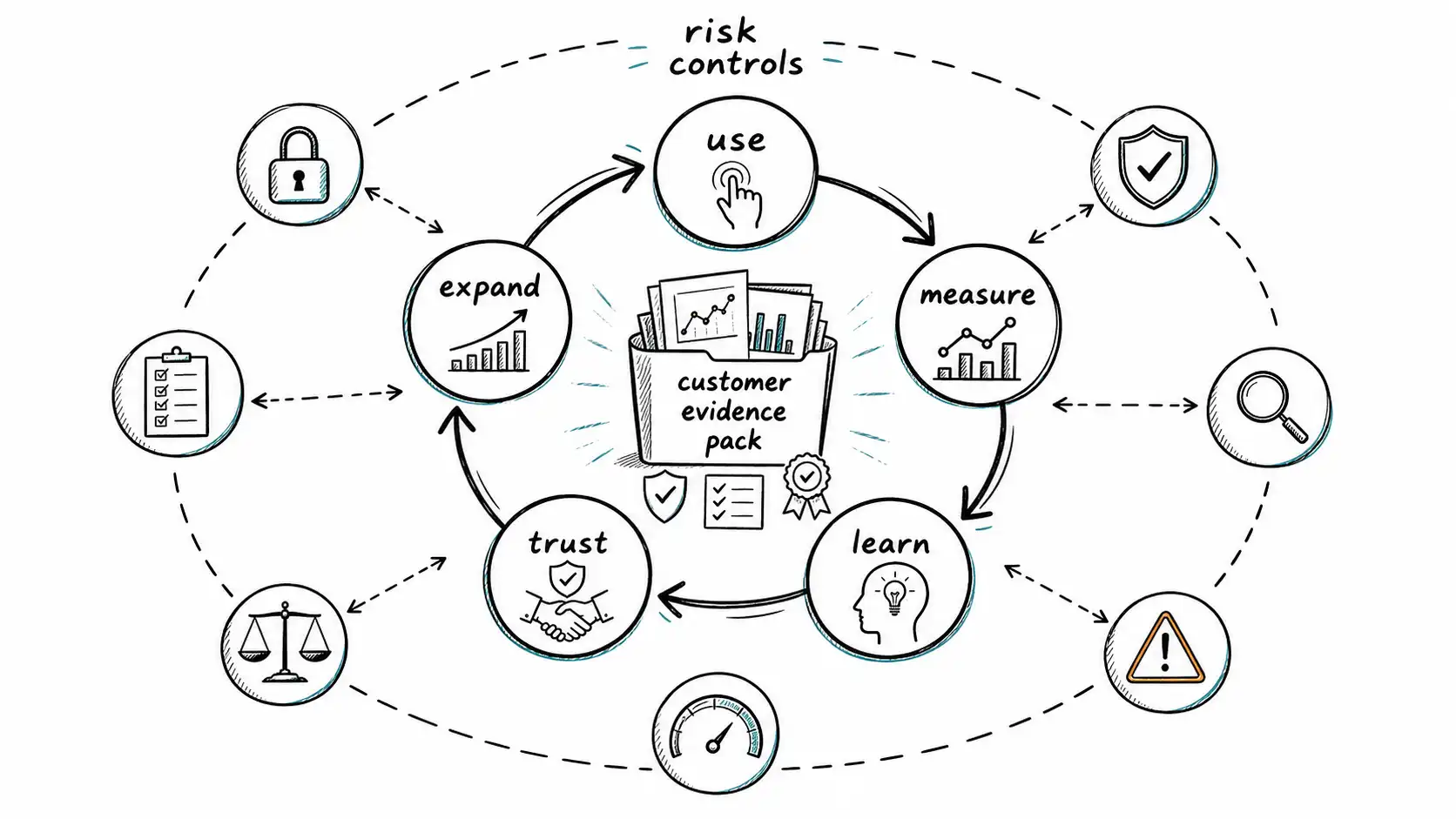A circular AI revenue flywheel moving from use to measure to learn to trust to expand, with a customer evidence pack at the center and risk controls around the perimeter