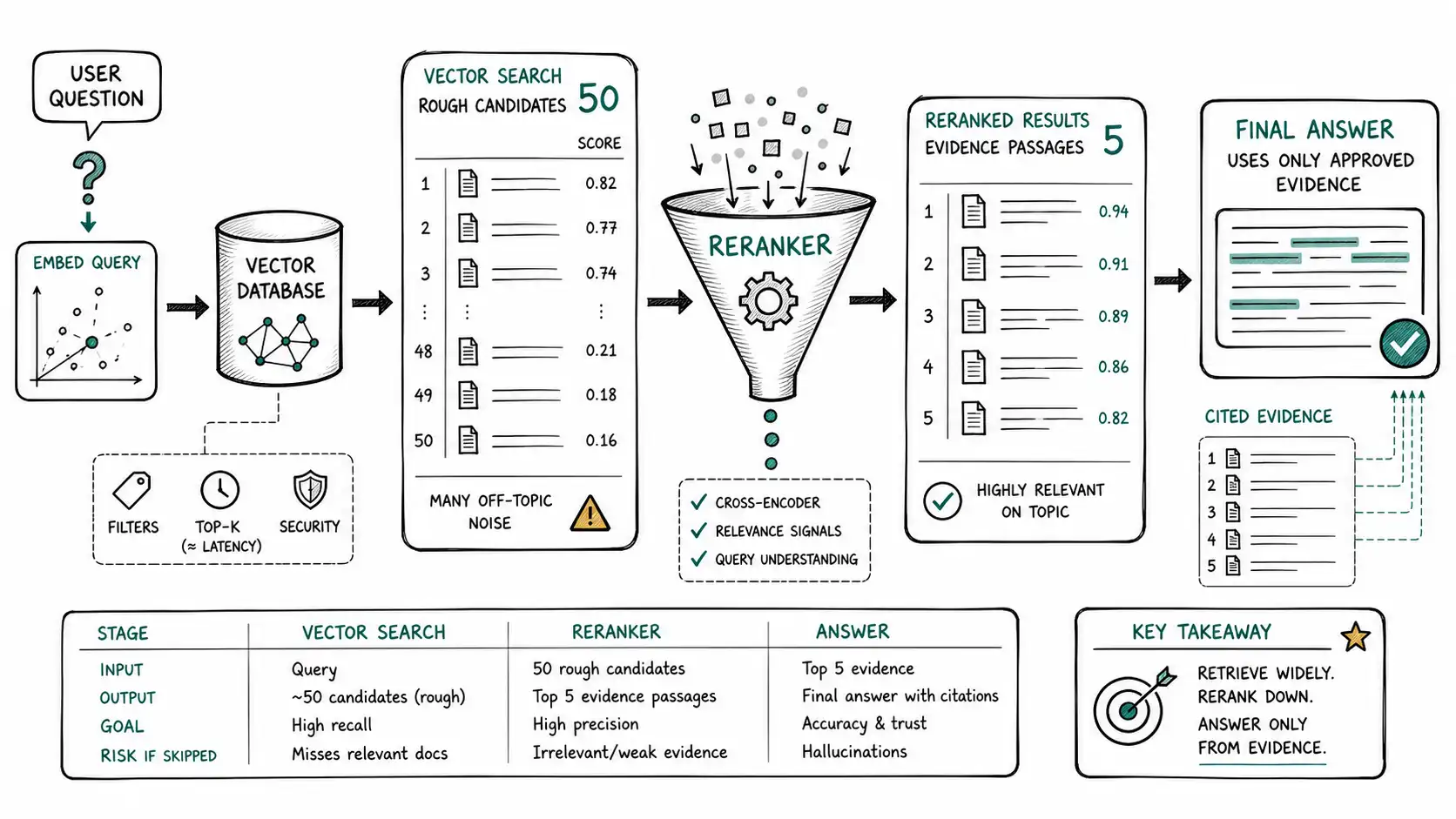 Whiteboard-style technical sketch infographic for Rerank Before You Believe.