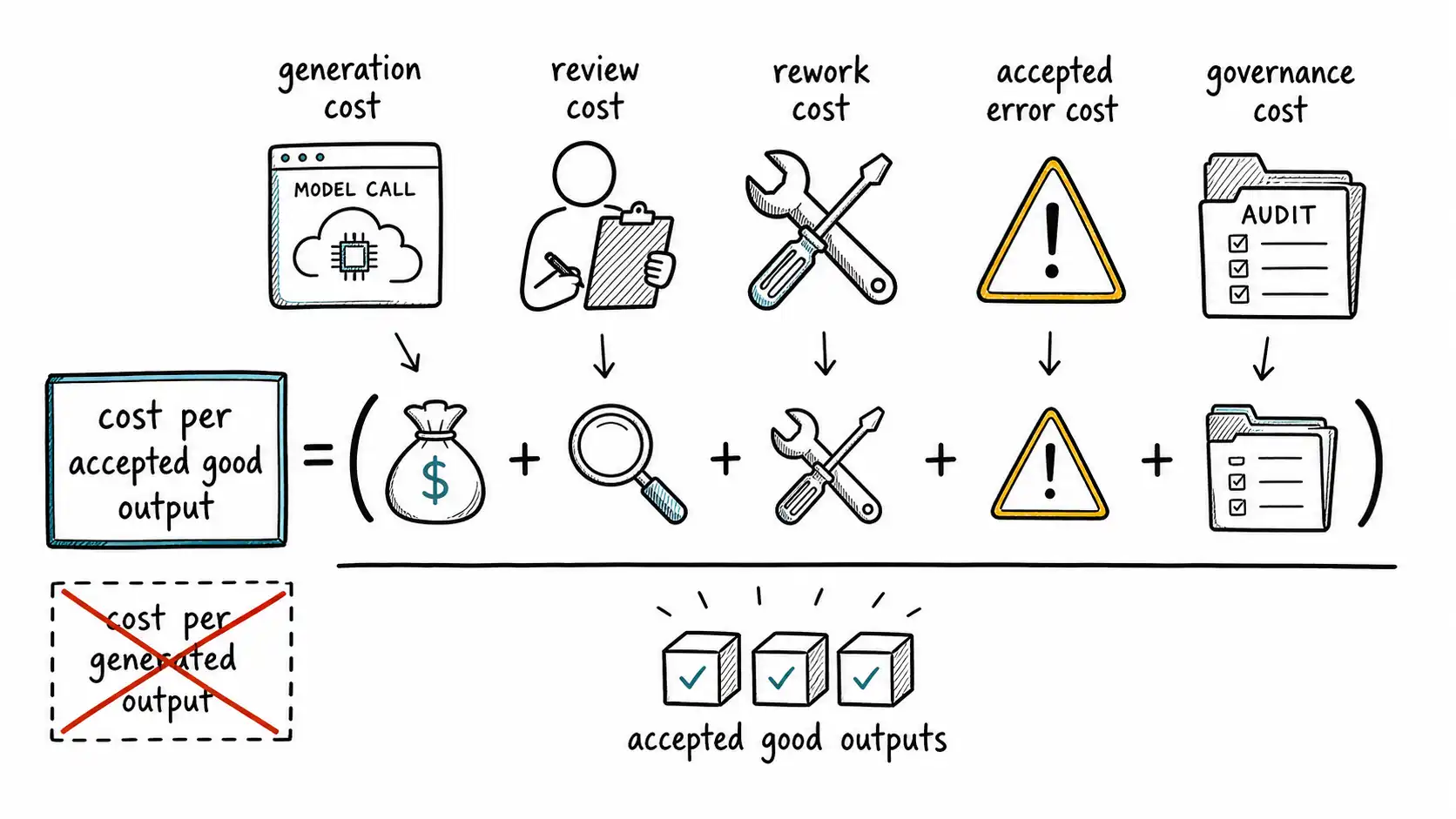 Equation showing accepted-output cost as generation, review, rework, accepted-error, and governance costs divided by accepted good outputs.