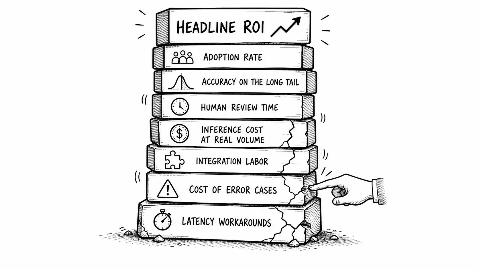 The ROI assumption stack with headline value resting on fragile lower layers