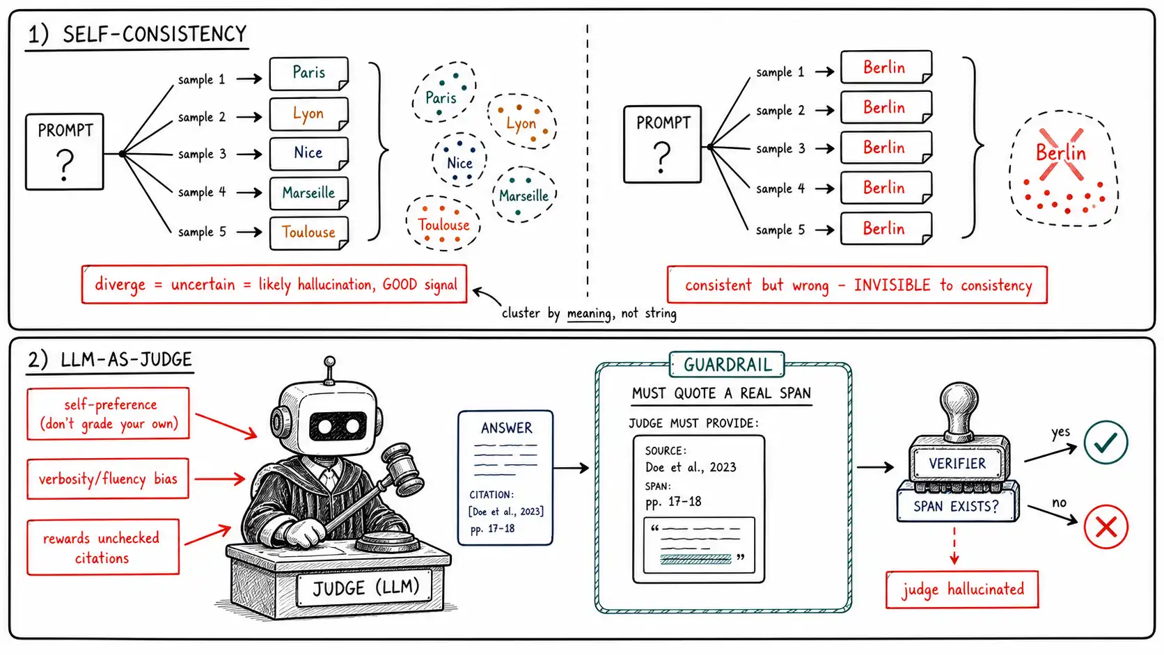 Whiteboard-style technical sketch infographic for Self-Consistency and the Limits of the Judge.