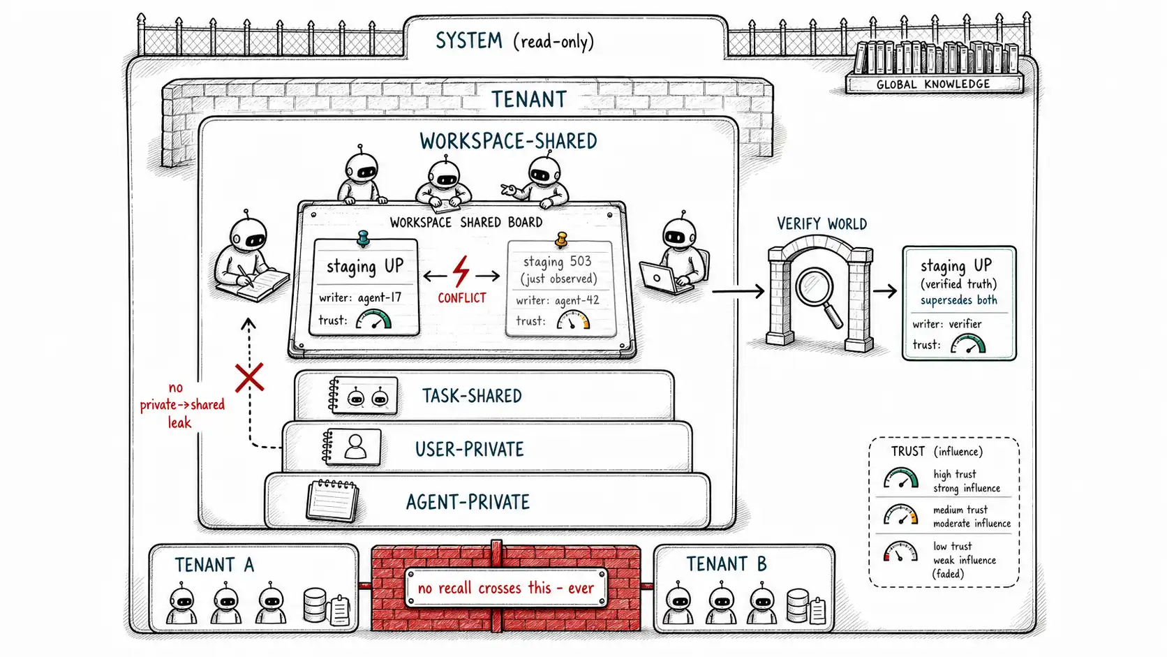 Whiteboard-style technical sketch infographic for Shared and Private Memory in Multi-Agent Systems.