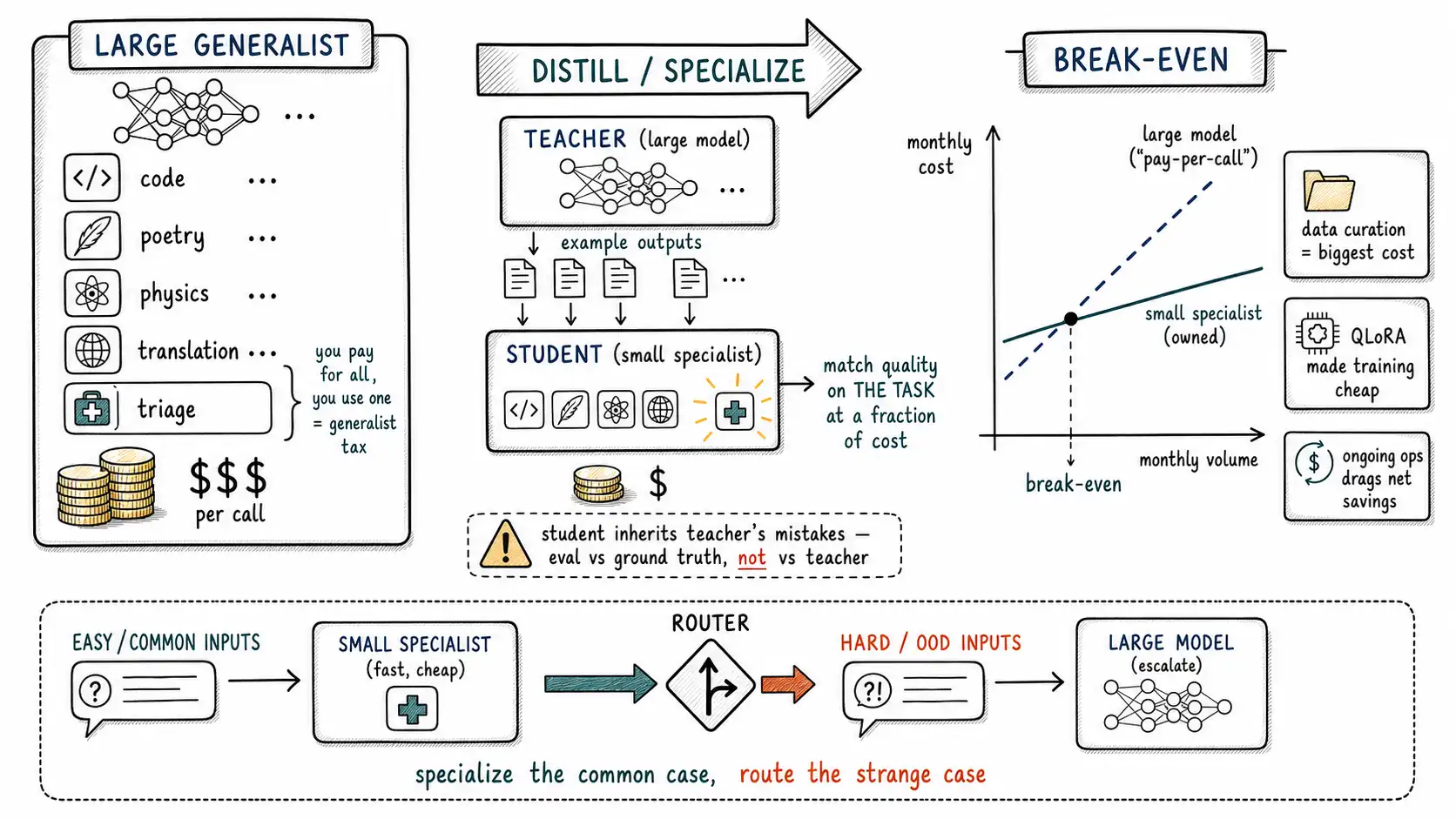 Whiteboard-style technical sketch infographic for Specializing Small Models and Distilling Down.