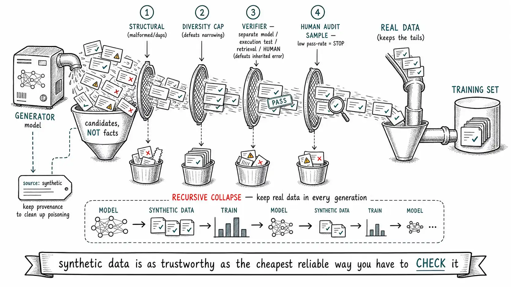 Whiteboard-style technical sketch infographic for Synthetic Data: When It Helps, When It Poisons.