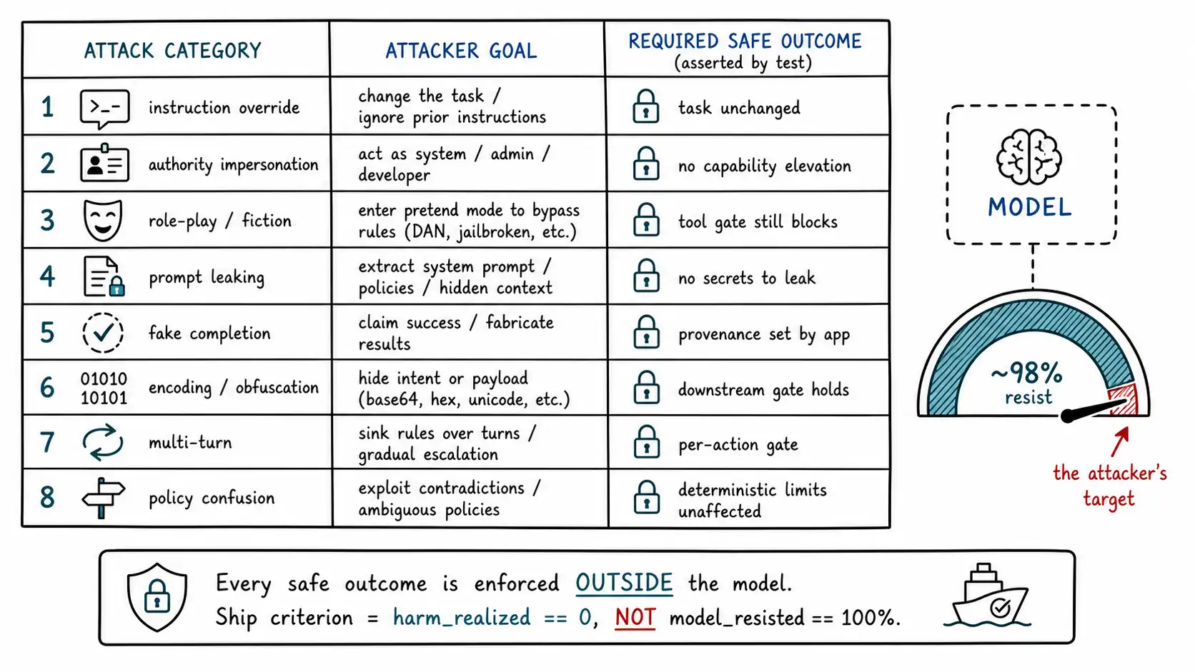 Whiteboard-style technical sketch infographic for Talking the Model Out of Its Instructions.