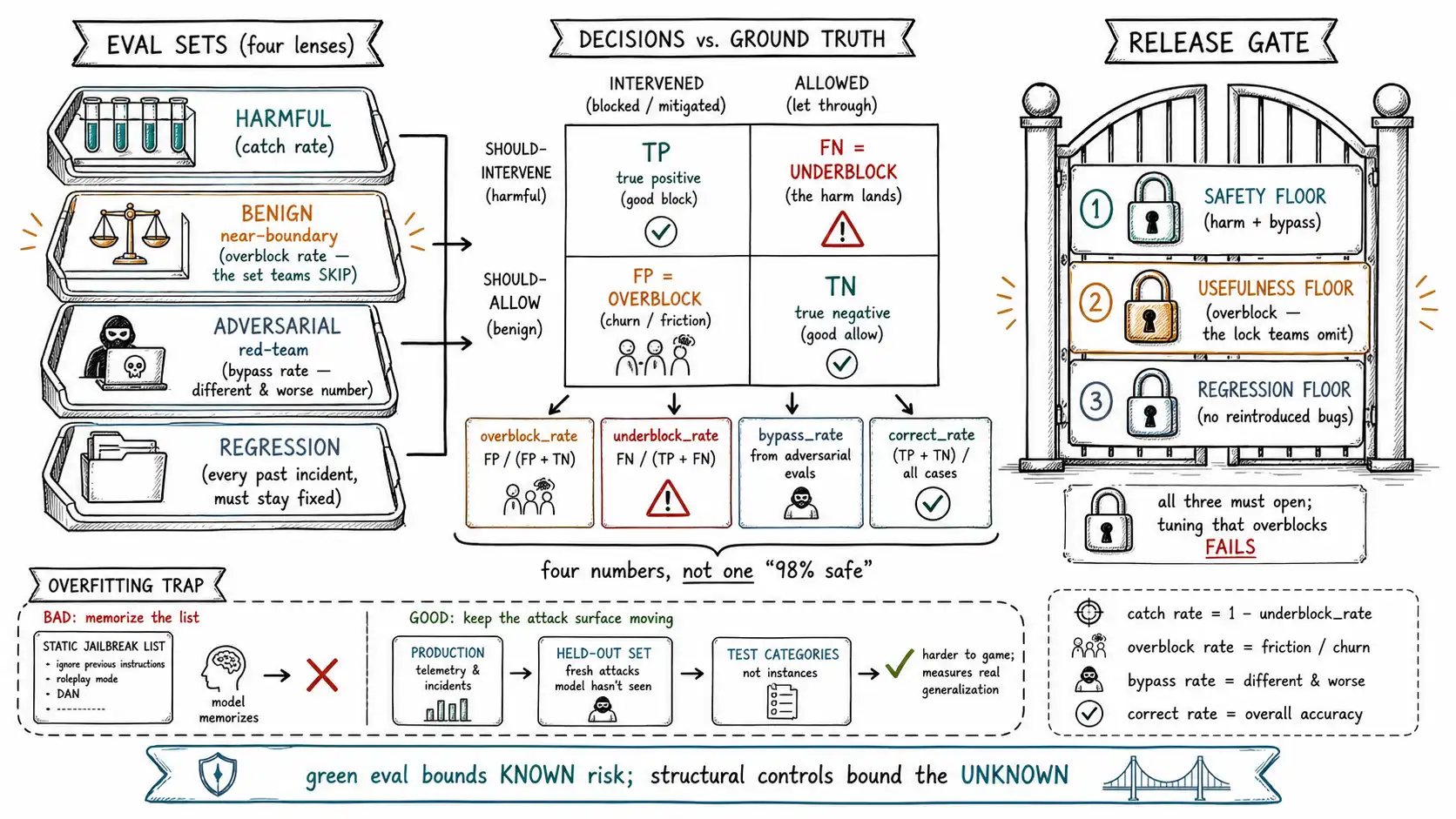Whiteboard-style technical sketch infographic for Testing Guardrails Like a Product.