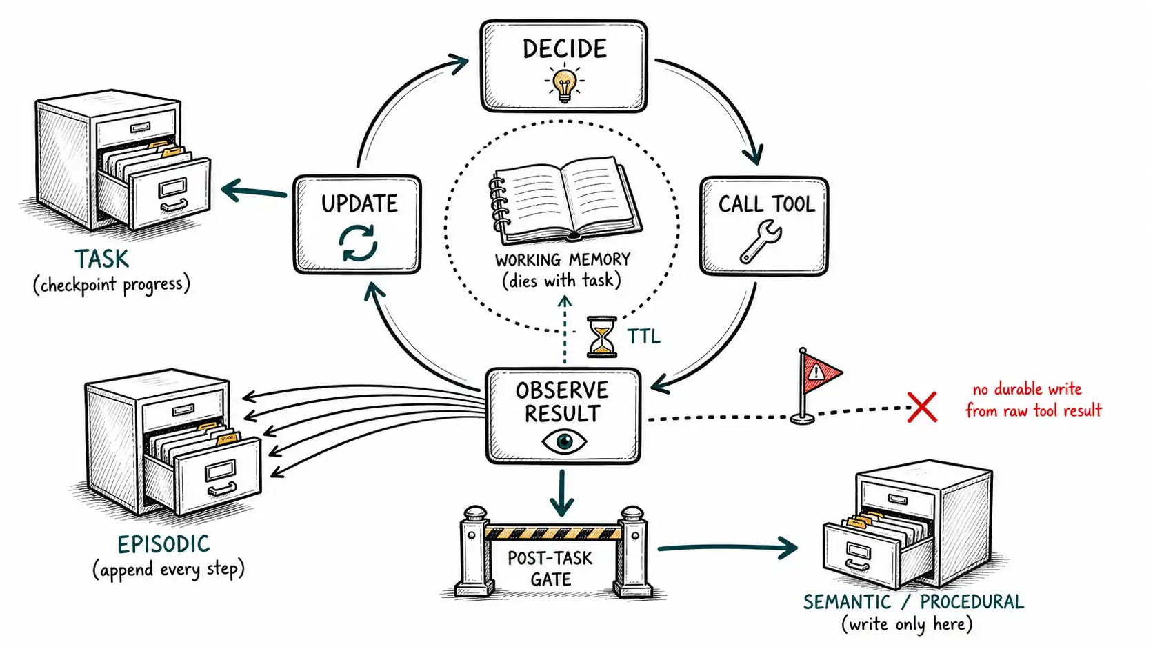 Whiteboard-style technical sketch infographic for The Agent's Read/Write Loop.