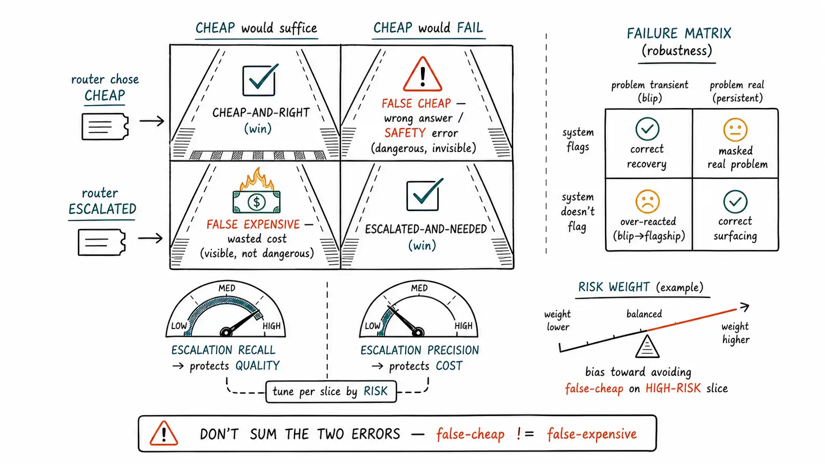 Whiteboard-style technical sketch infographic for The Confusion Matrix Has Four Boxes, Not Two.