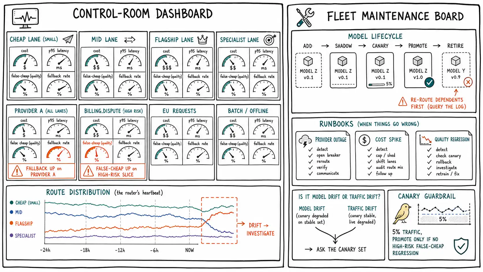 Whiteboard-style technical sketch infographic for The Control Room and the Fleet.