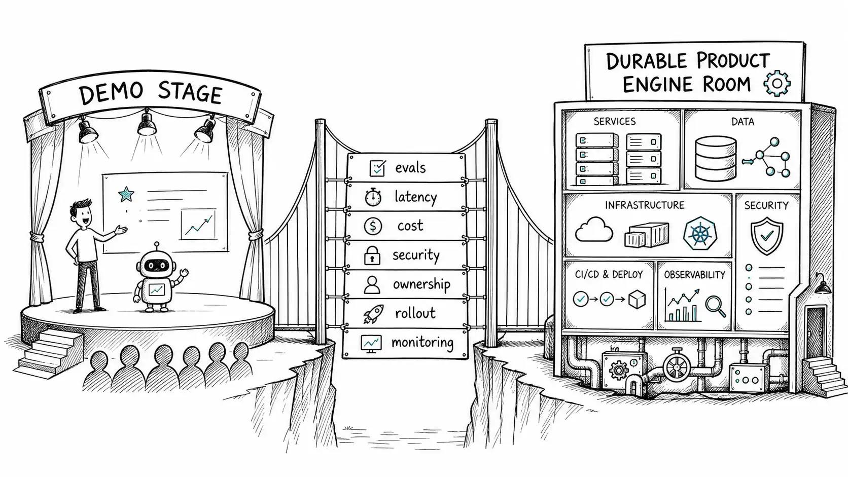 Polished demo stage connected by evals, latency, cost, security, ownership, rollout, and monitoring to a durable product engine room