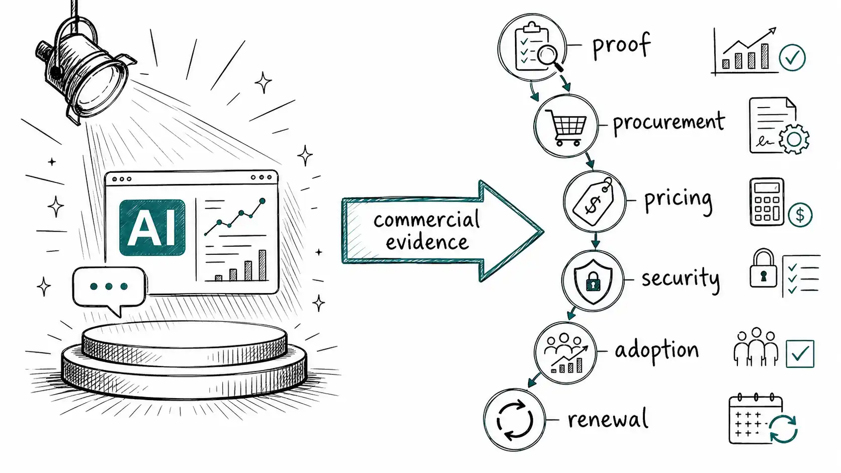 A dazzling AI demo converted into a deal path through commercial evidence, proof, procurement, pricing, security, adoption, and renewal