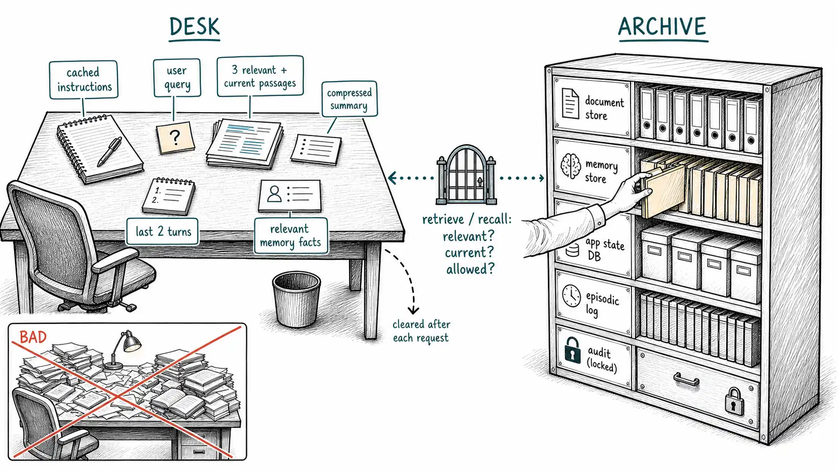 Whiteboard-style technical sketch infographic for The Desk and the Archive.
