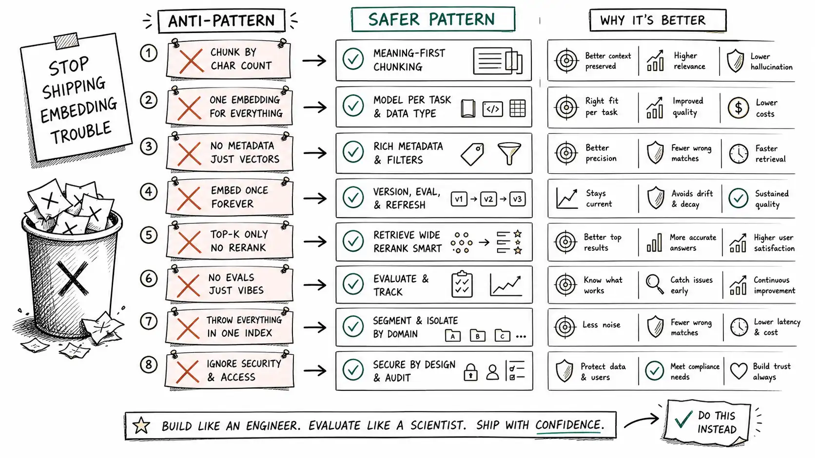 Whiteboard-style technical sketch infographic for The Embedding Anti-Patterns.