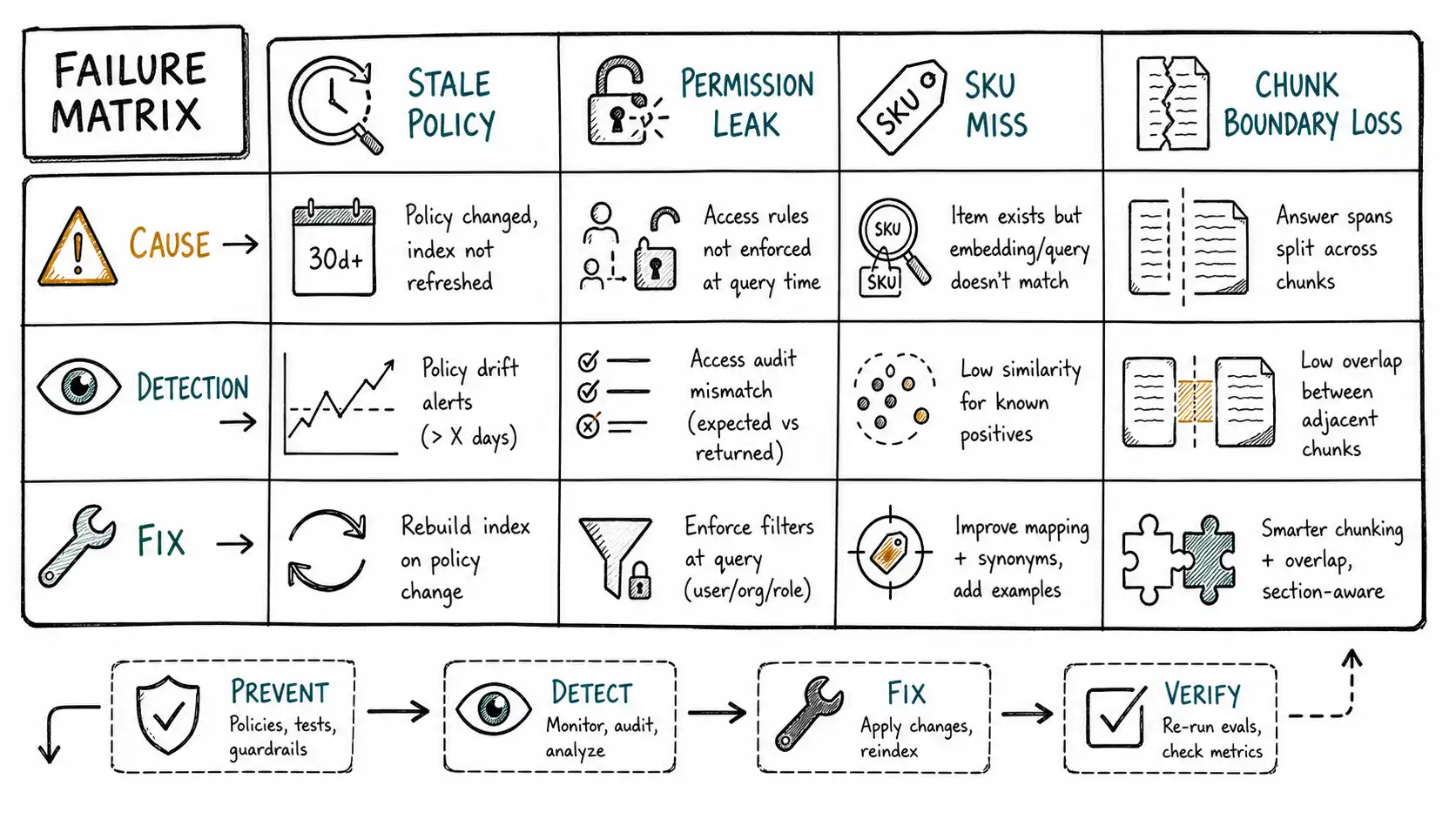 Whiteboard-style technical sketch infographic for The Failure Modes Nobody Shows.