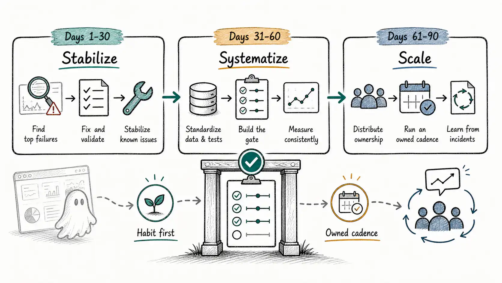 Infographic map for The First Ninety Days of Eval-Led Delivery