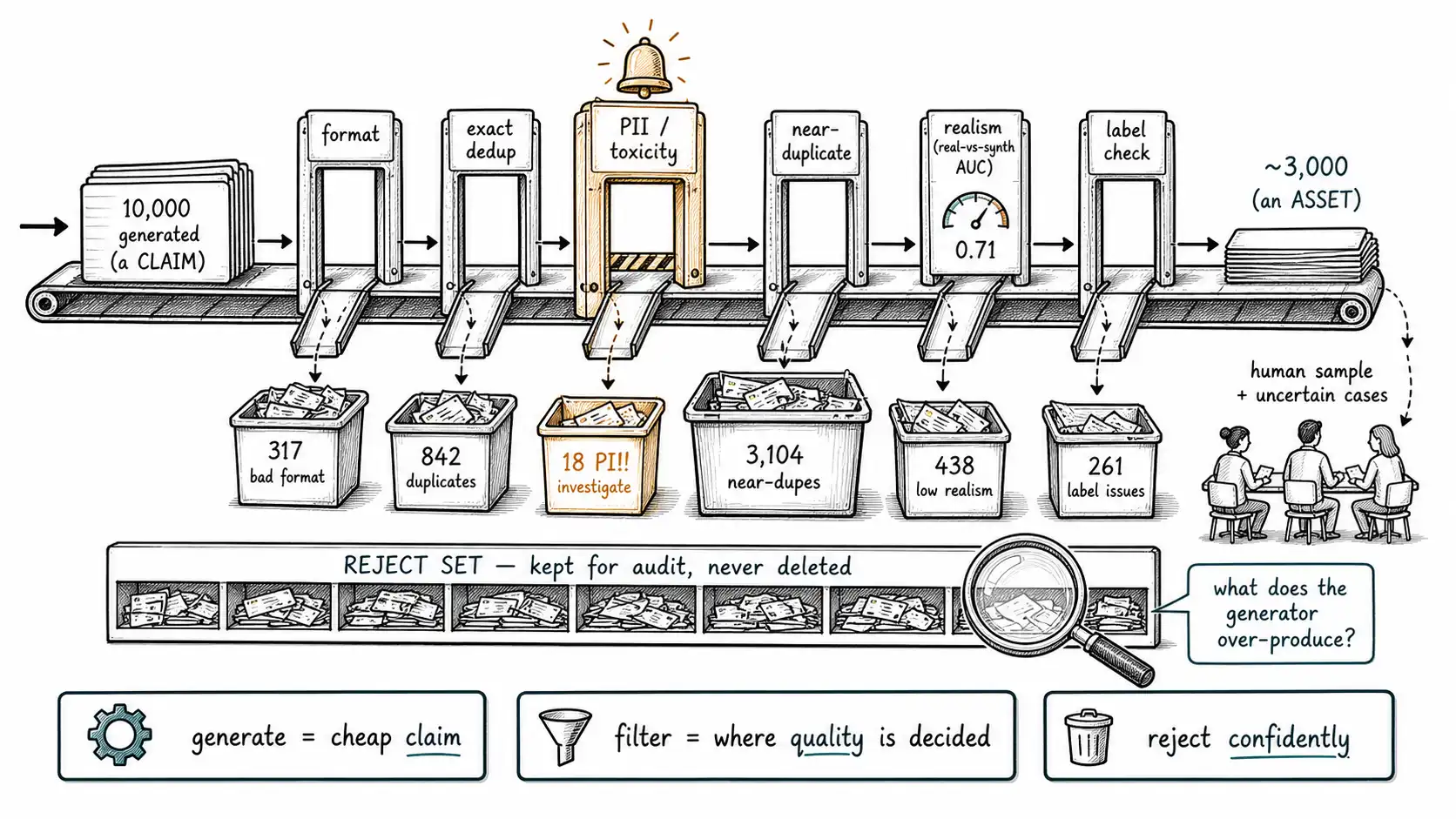 Whiteboard-style technical sketch infographic for The Gates After Generation.