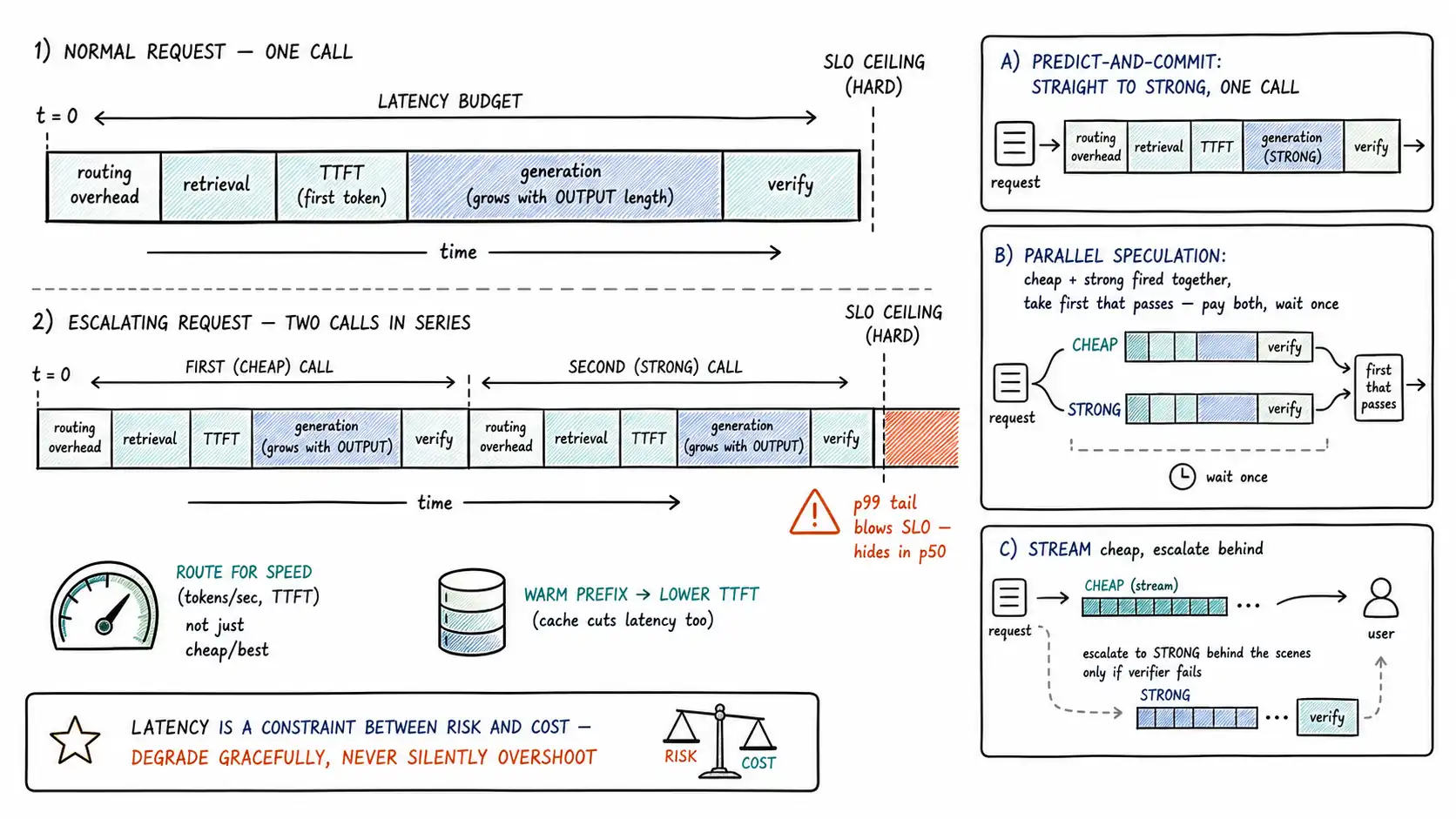Whiteboard-style technical sketch infographic for The Latency Budget.