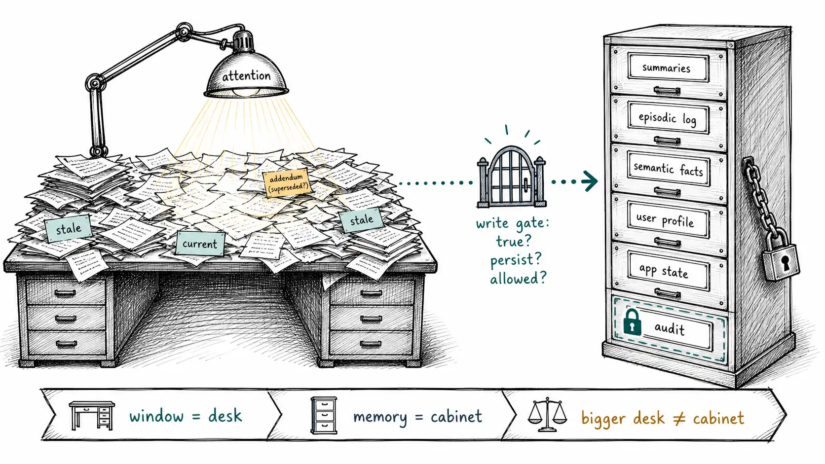 Whiteboard-style technical sketch infographic for The Million-Token Mirage.