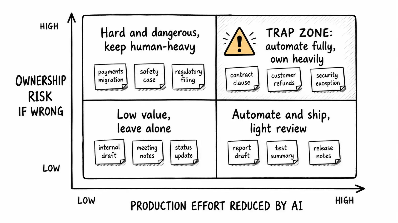 The Automation Displacement Grid plotting effort saved against risk if wrong, with a trap zone