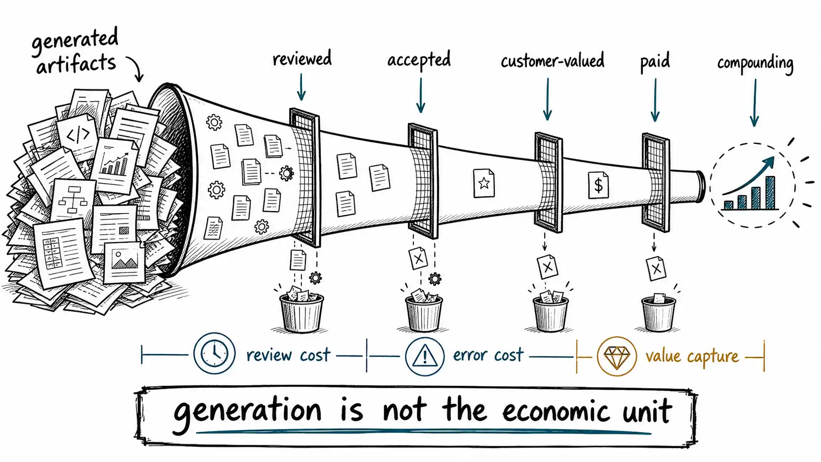 Wide funnel showing generated artifacts narrowing through reviewed, accepted, customer-valued, paid, and compounding gates.