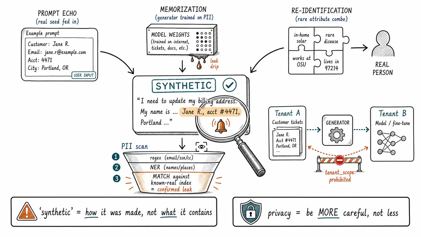 Whiteboard-style technical sketch infographic for The Privacy Myth and What Generated Data Actually Leaks.