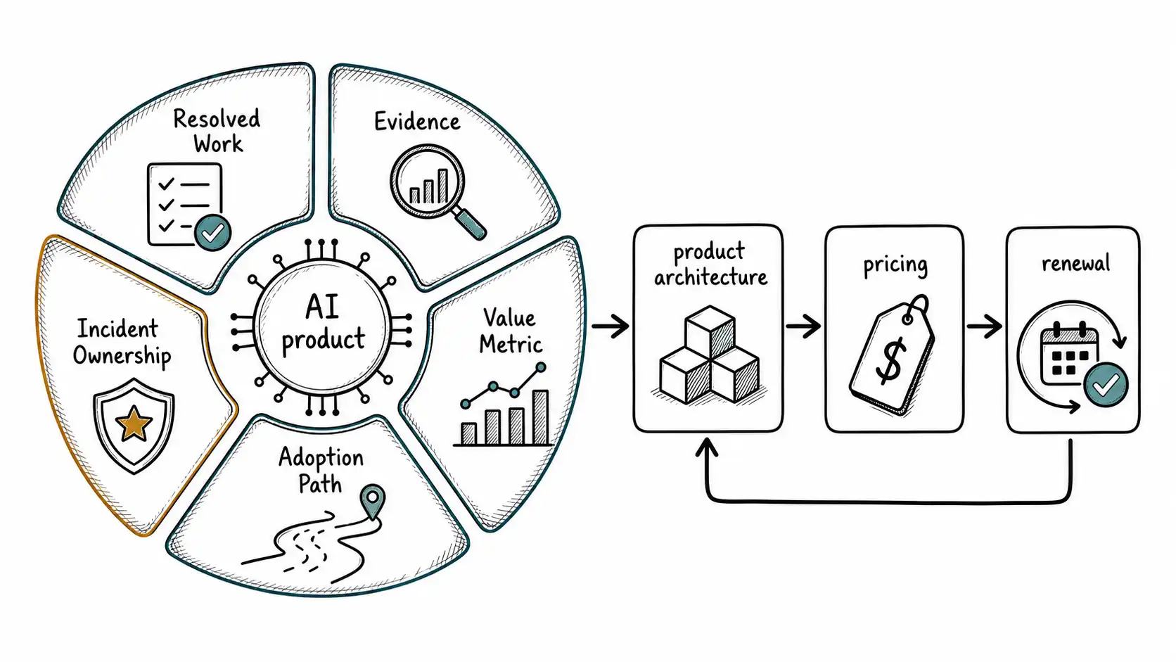 The five-part REV-AI wheel around an AI product, linking resolved work, evidence, value metric, adoption path, and incident ownership to pricing and renewal