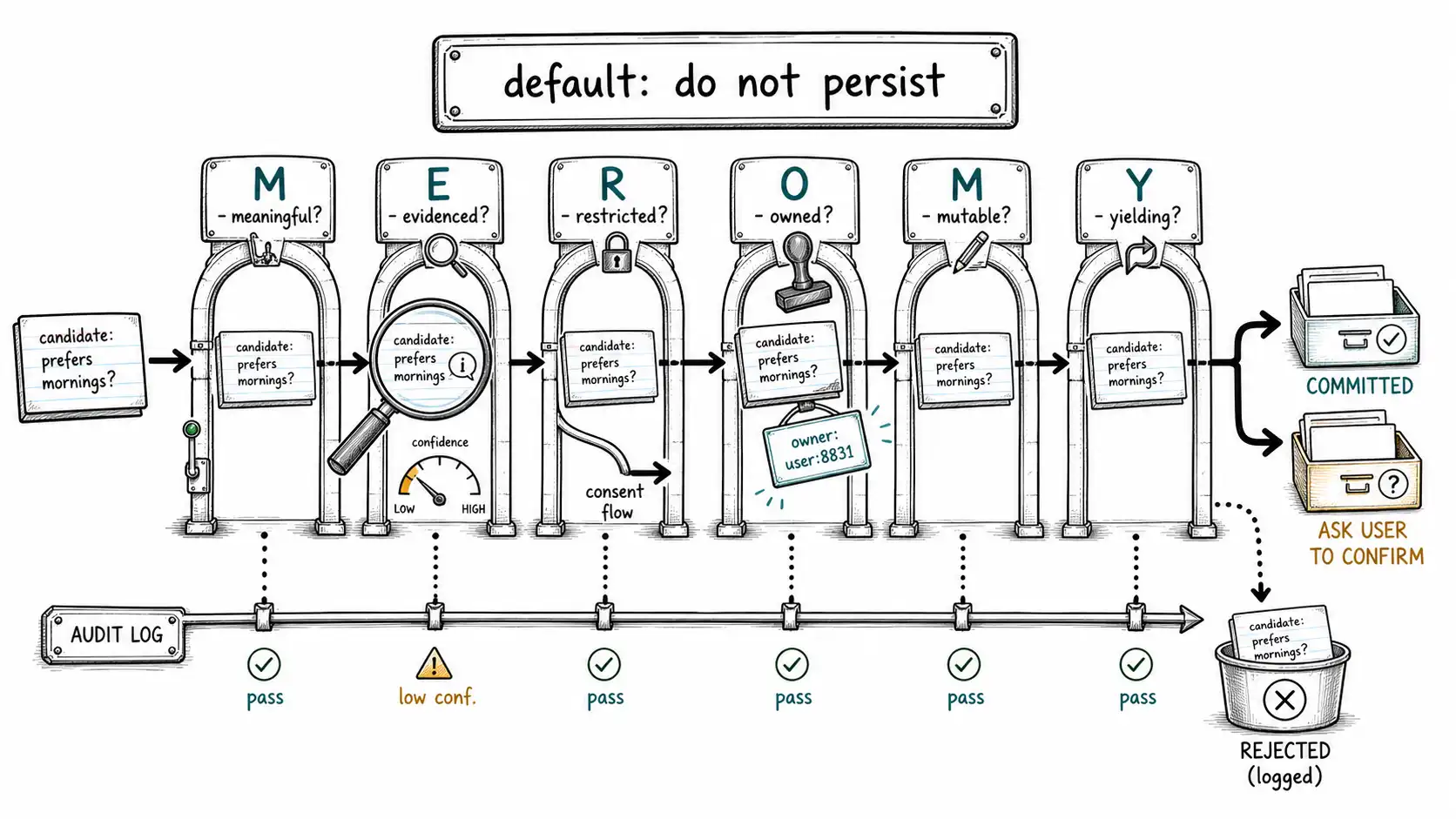 Whiteboard-style technical sketch infographic for The Write Gate: Deciding What Deserves to Persist.