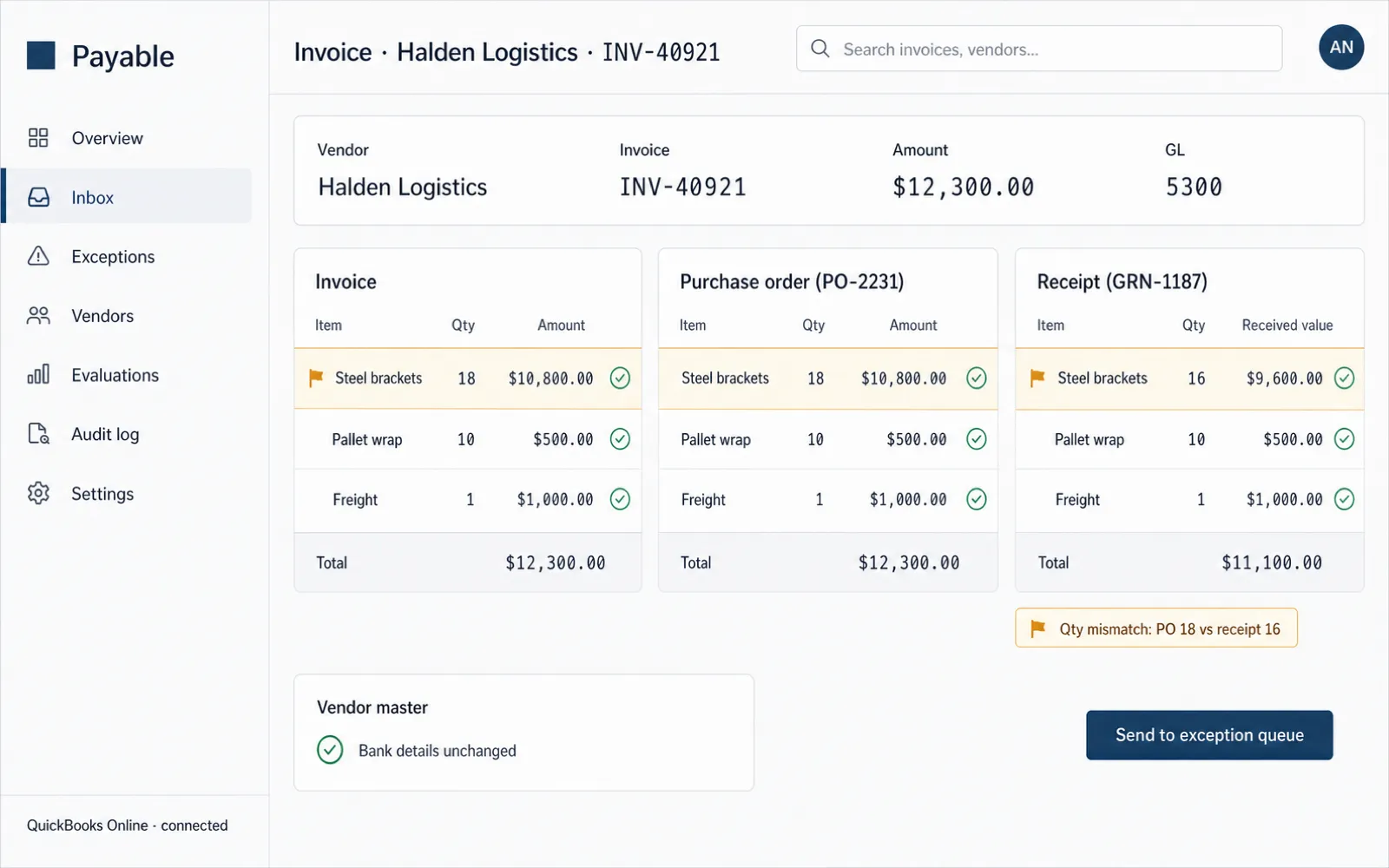 Match stage of the accounts payable console. Illustrative data.