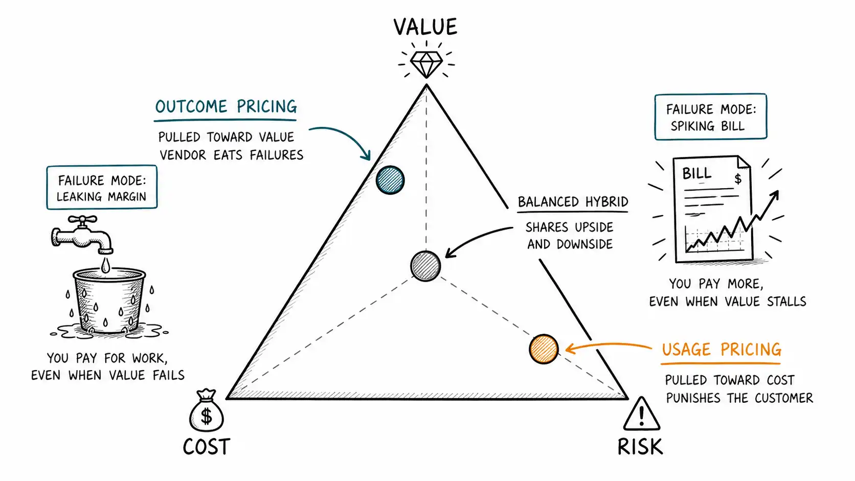 The Value-Cost-Risk Triangle with usage and outcome pricing at opposite corners