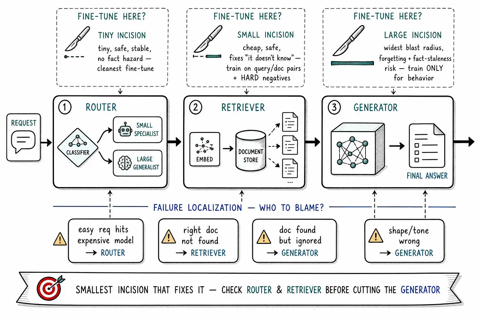 Whiteboard-style technical sketch infographic for What to Fine-Tune: Generators, Retrievers, and Routers.