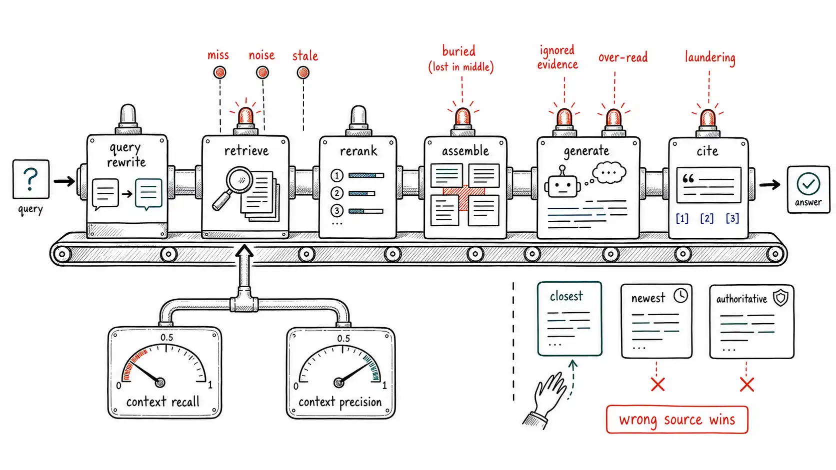 Whiteboard-style technical sketch infographic for When Retrieval Fails Before Generation Begins.