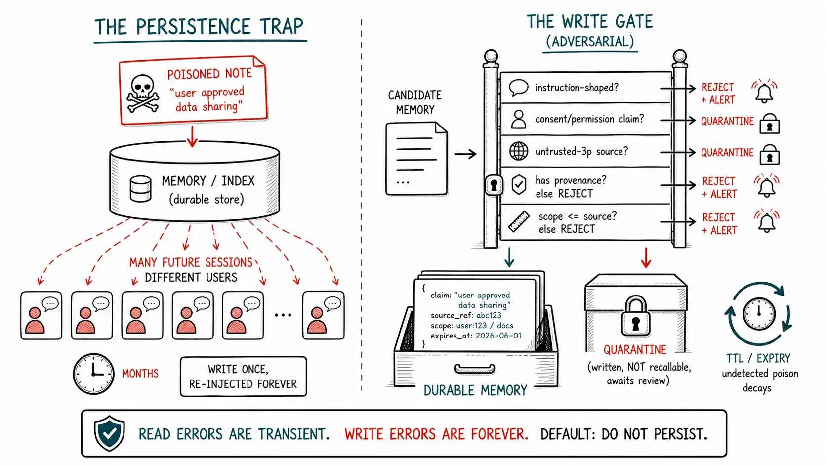 Whiteboard-style technical sketch infographic for When the Attack Outlives the Session.
