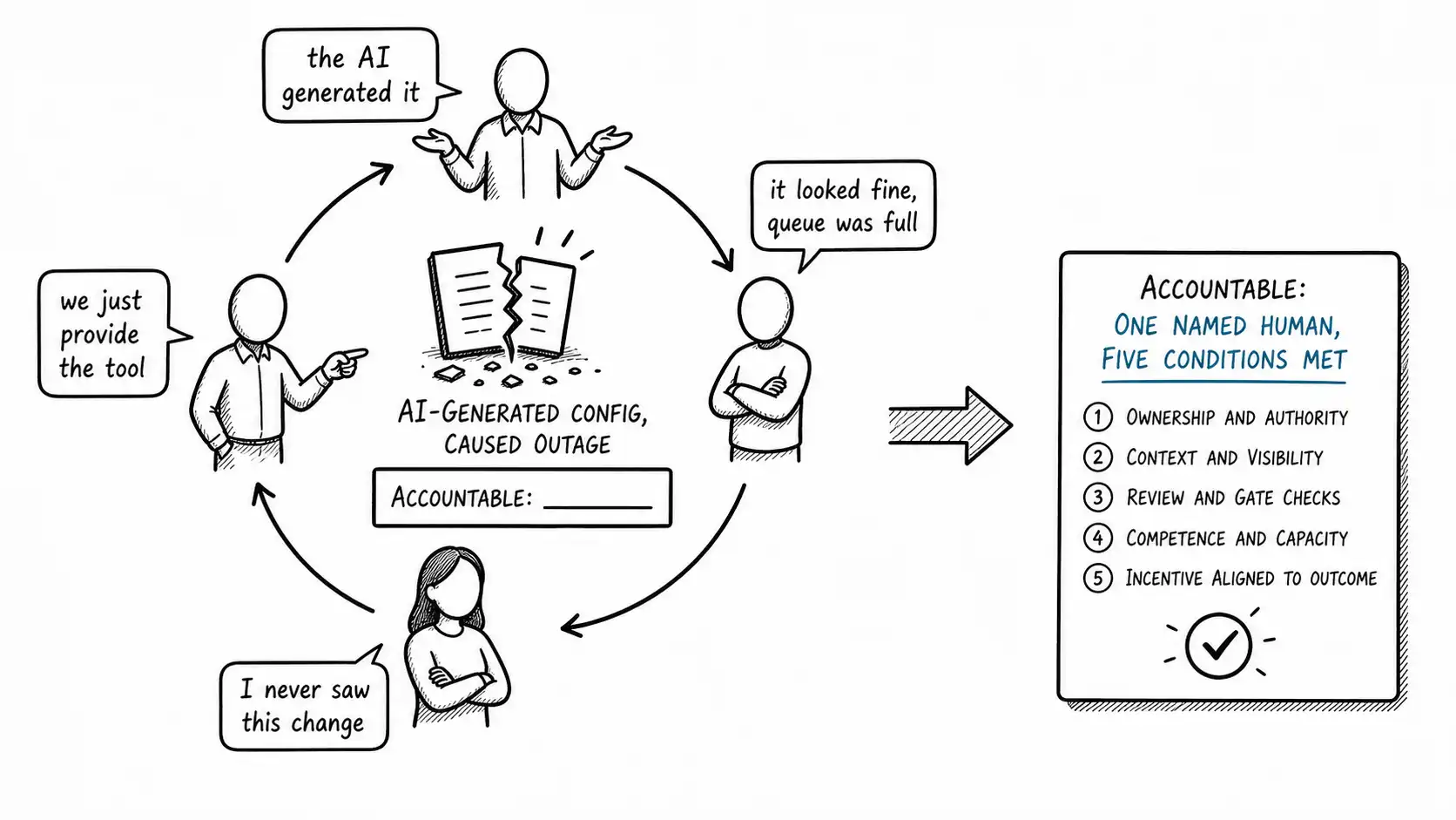 An incident postmortem where everyone deflects ownership of AI-generated work to someone else
