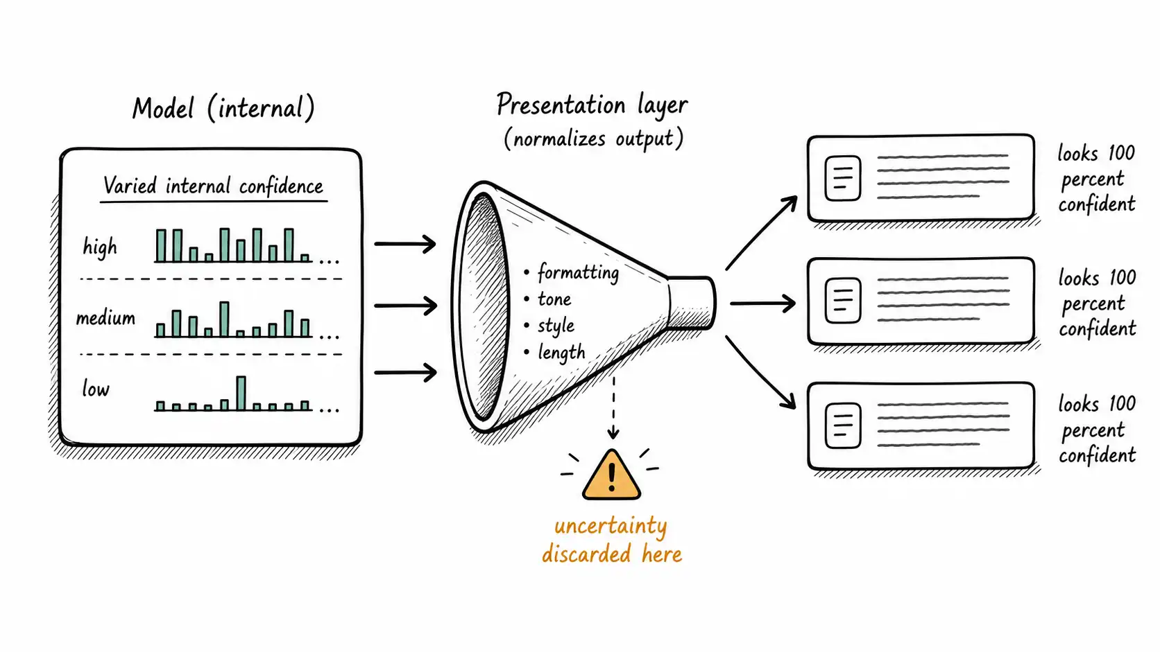 Pipeline showing varied internal model confidence flattened by a presentation funnel into three identically confident paragraphs